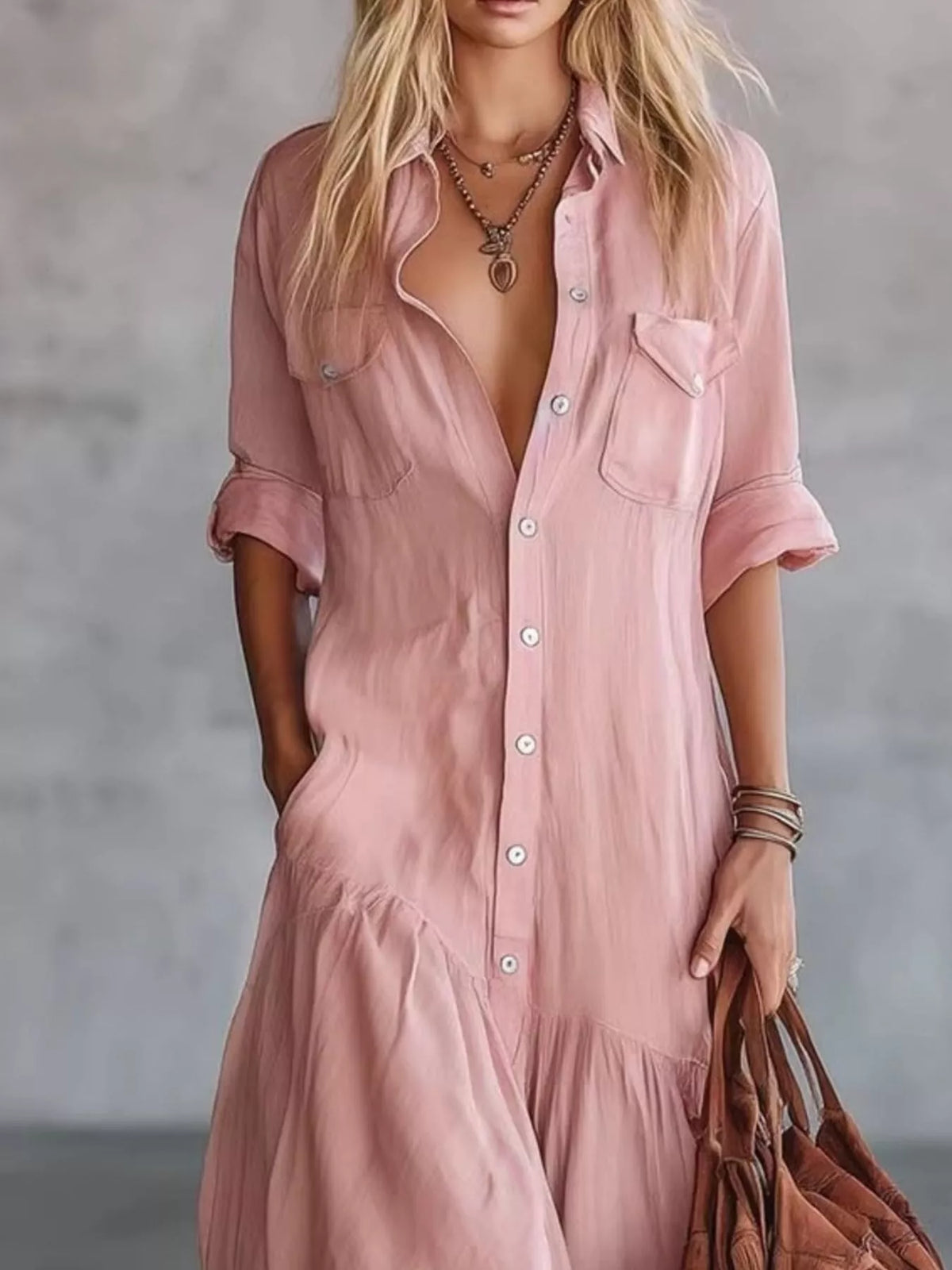Pink button-down maxi shirt dress with pockets — design and construction details