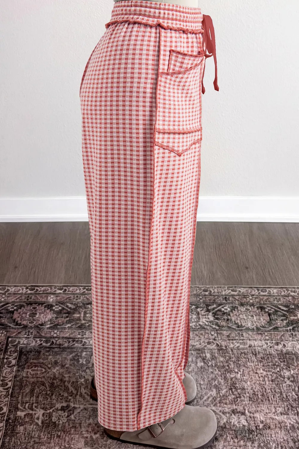 Trendsi Gingham High-Waisted Drawstring Wide-Leg Pants -