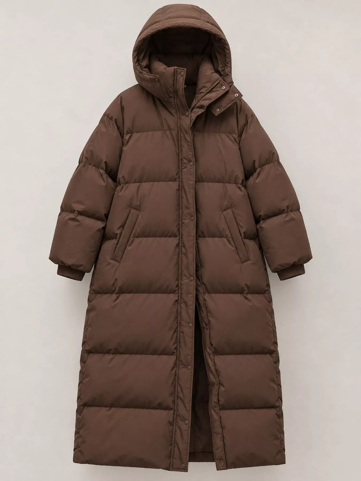 Longline puffer coat, brown flat front
