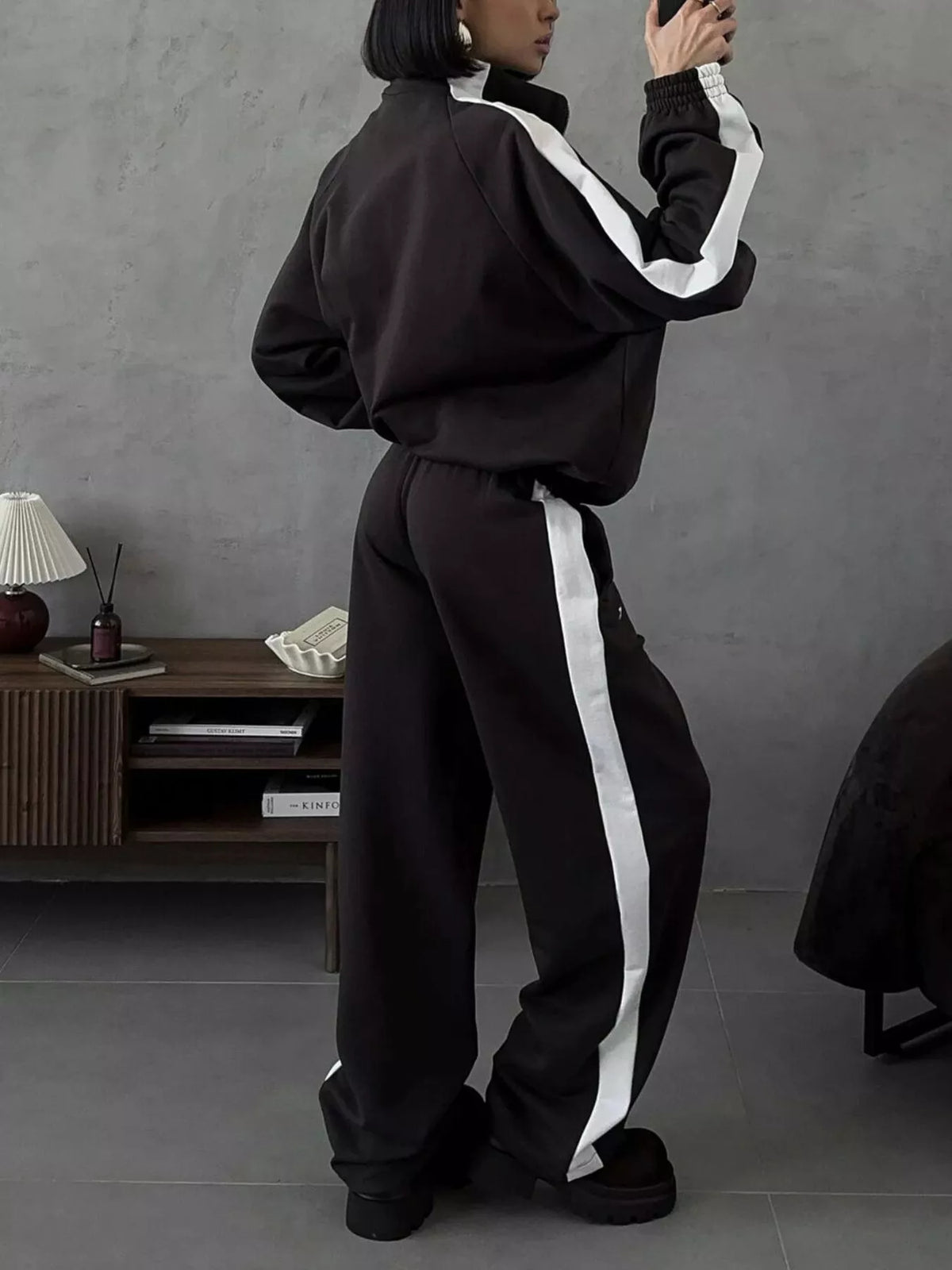 Trendsi Contrast Side Stripe Zip Up Top and Pants Set -
