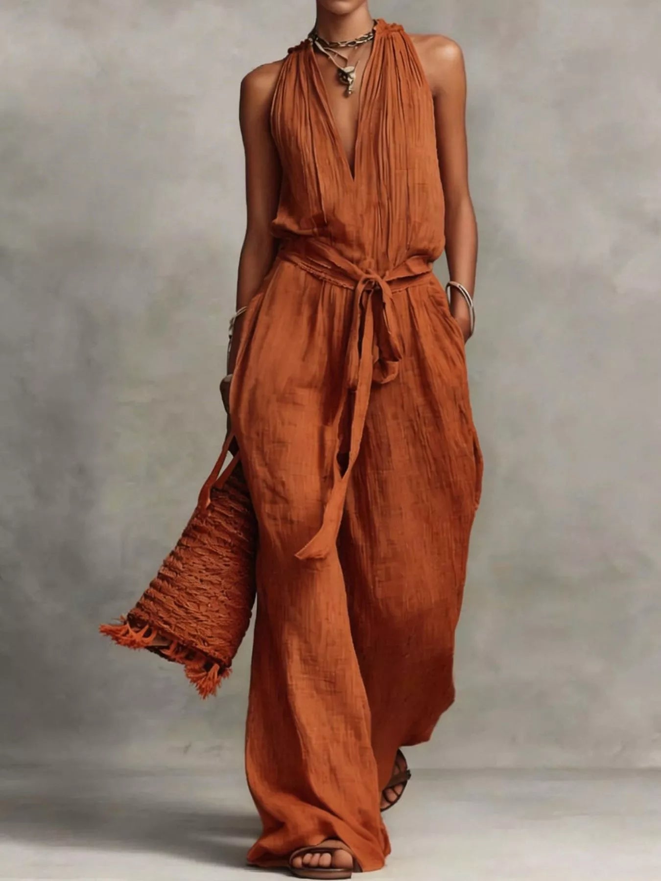 Trendsi Sleeveless Wide-Leg Jumpsuit with Tie-Waist -