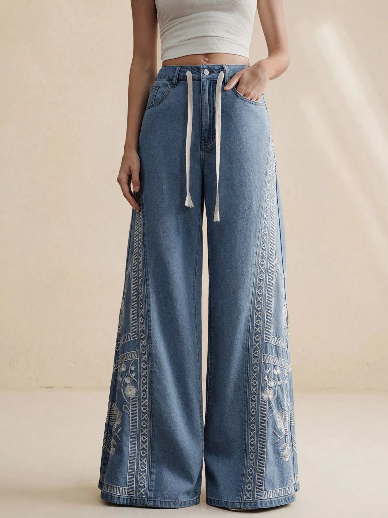 Trendsi Embroidered Wide-Leg Drawstring Jeans -