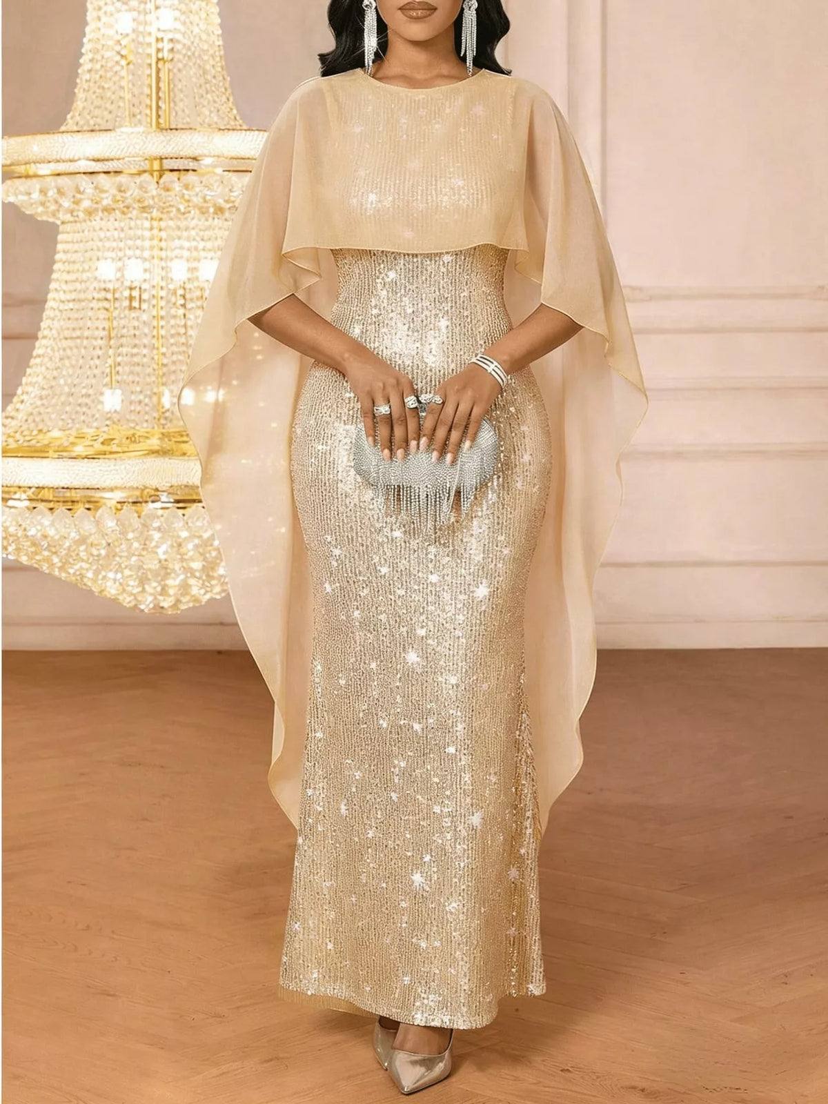 Women's Sequin Cape Overlay Evening Dress in champagne — front view