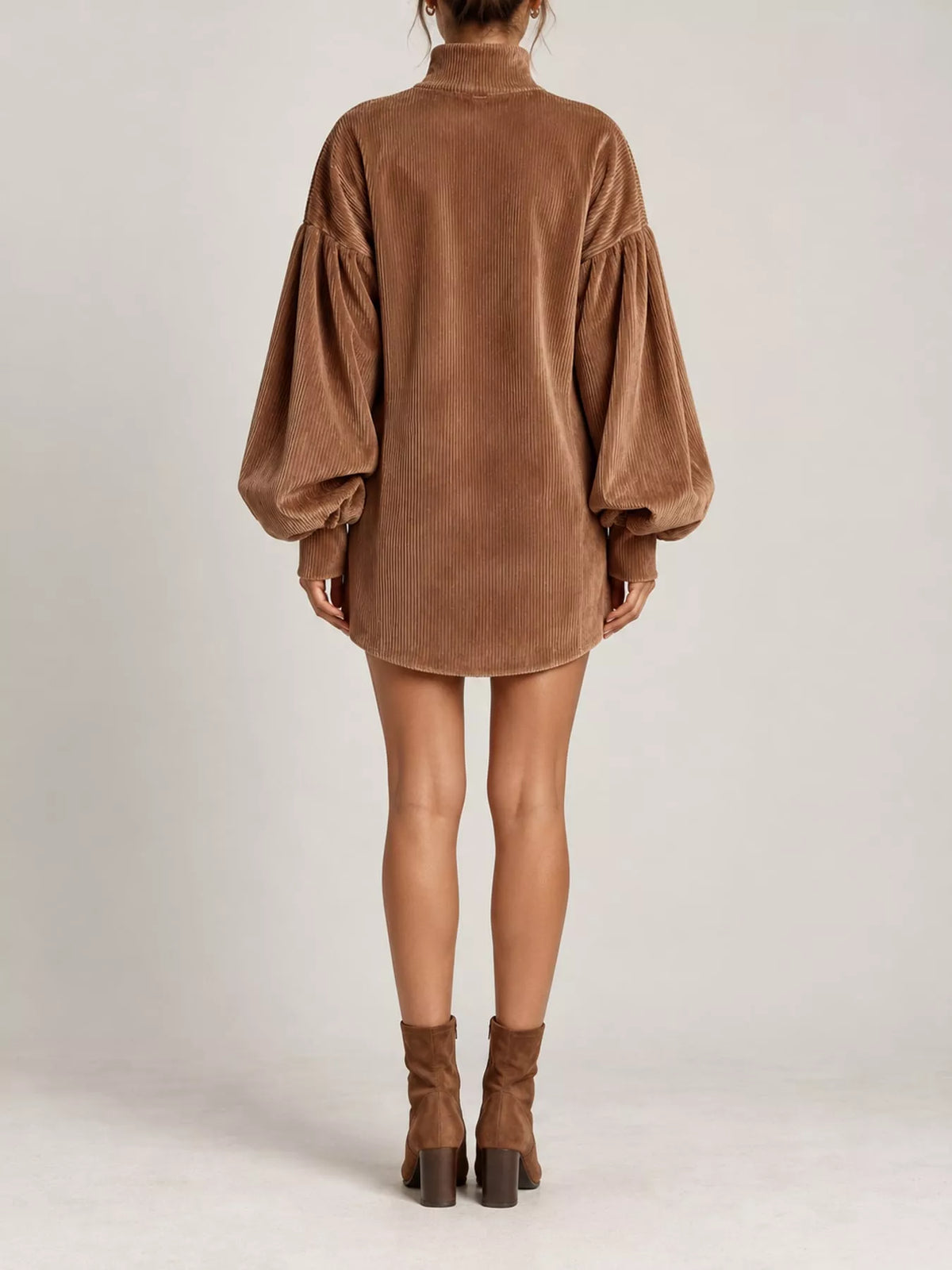 Corduroy Mock Neck Lantern Sleeve Mini Dress in brown, back view