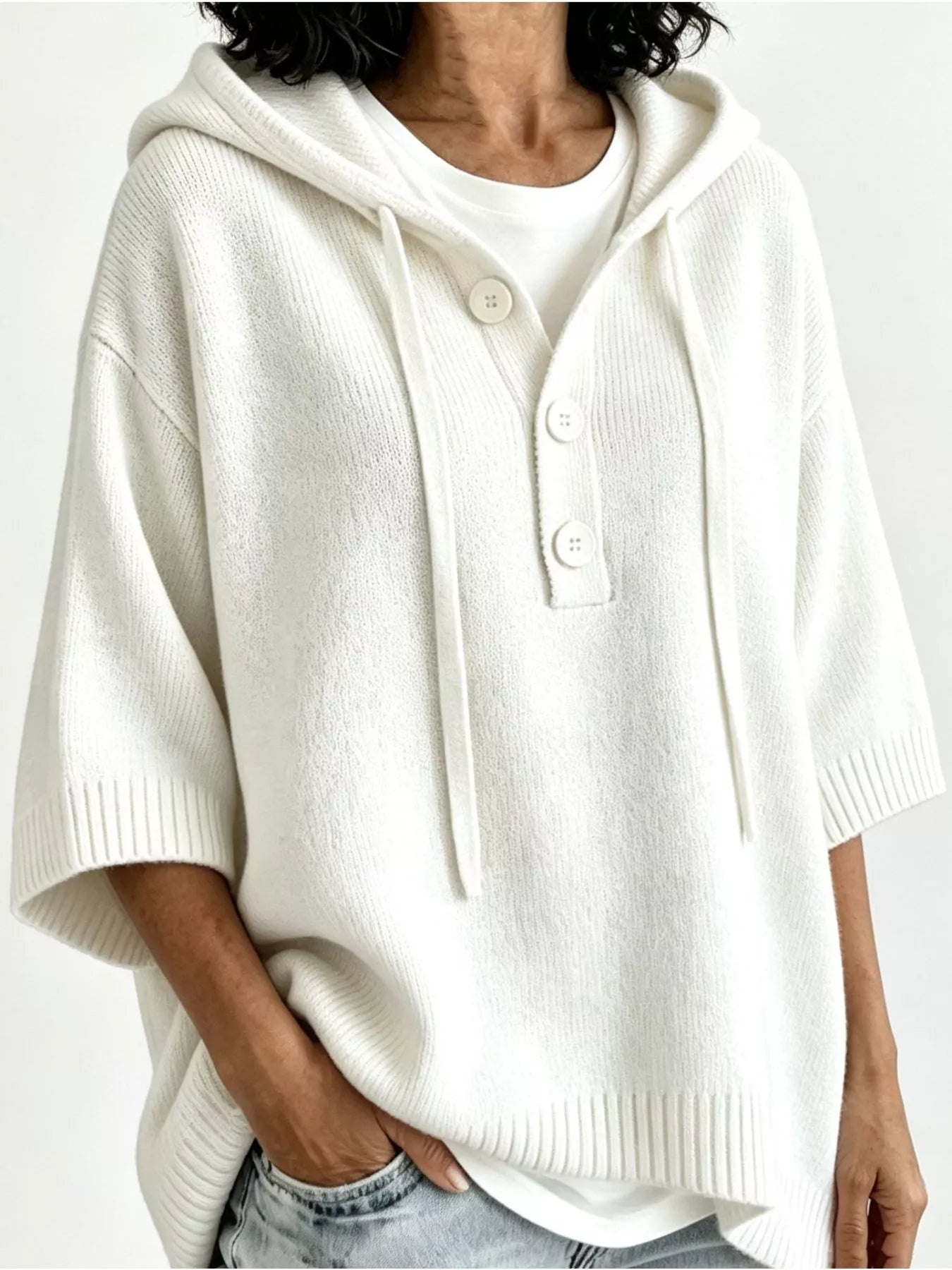Trendsi Striped Hooded Sweater with Button Detail -