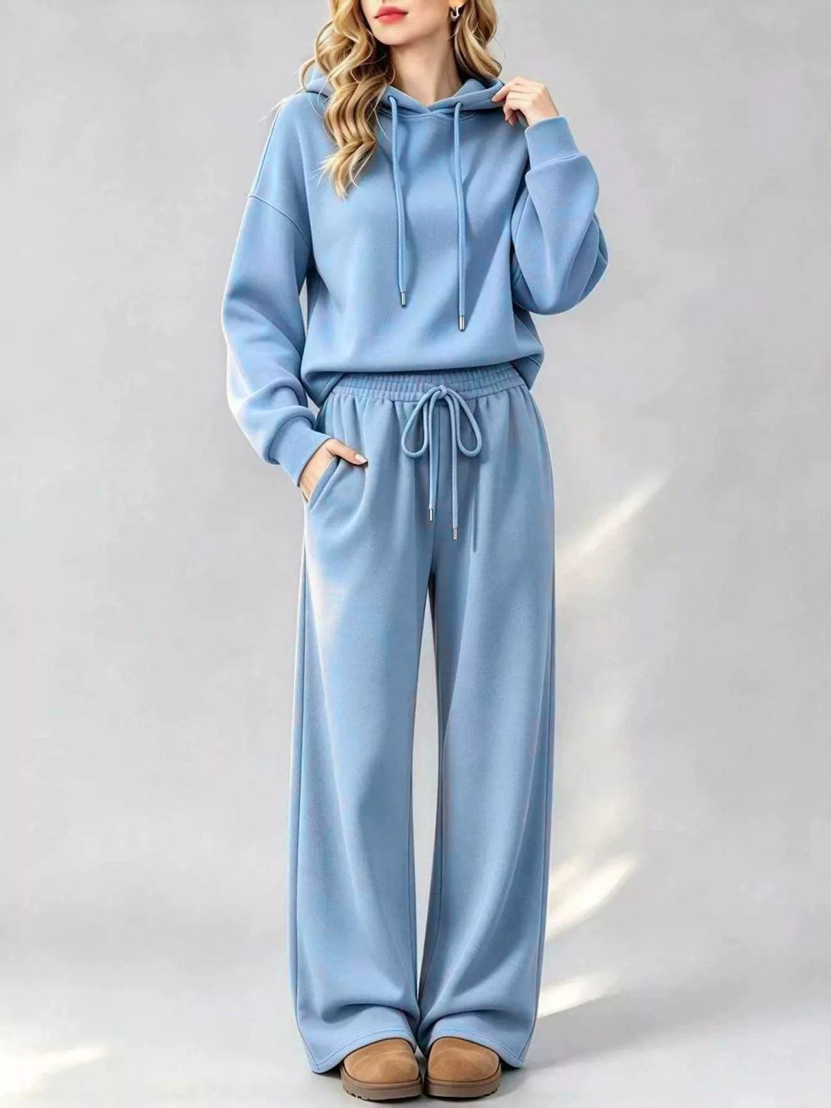 Sky Blue dropped shoulder hoodie and wide-leg pants set