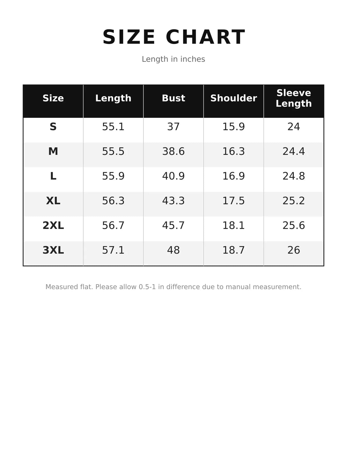 Size chart for long sleeve button-front maxi dress