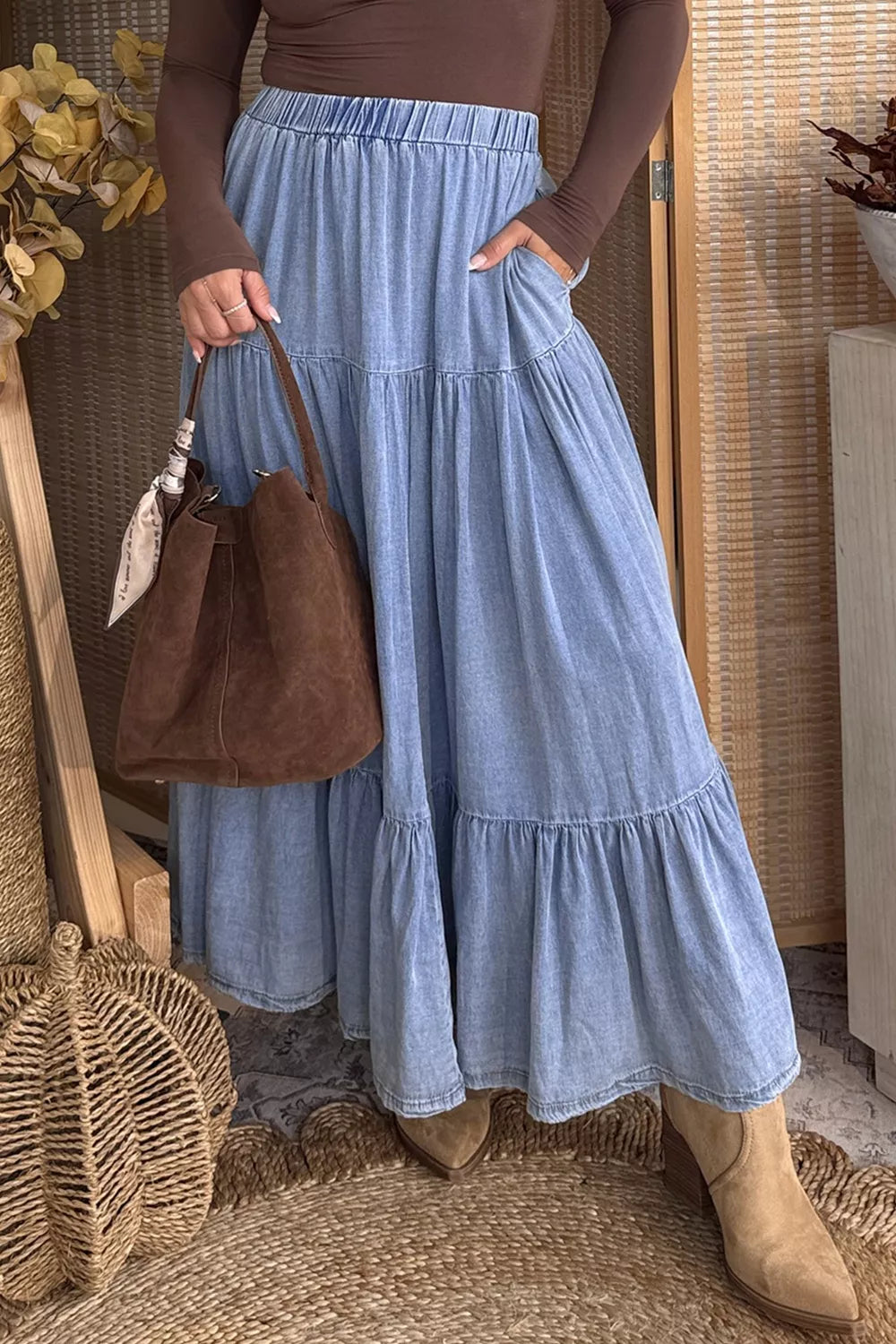 Trendsi Elastic Waist Ruffled Tiered Flared Denim Maxi Skirt -