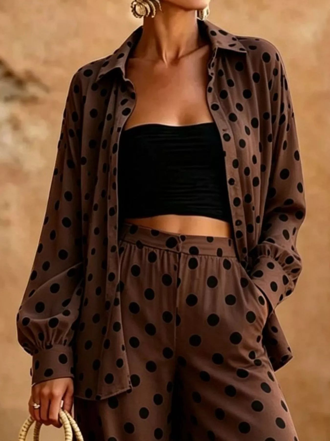 Trendsi Full Size Polka Dot Shirt and Wide-Leg Pants Set Plus Size -