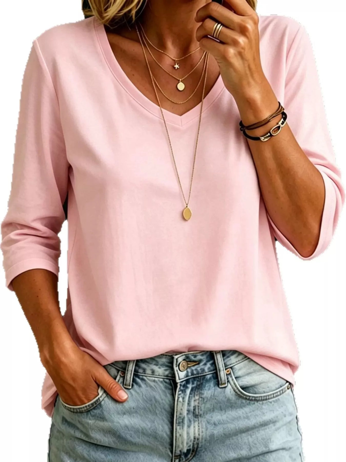 Pink v-neck half sleeve t-shirt