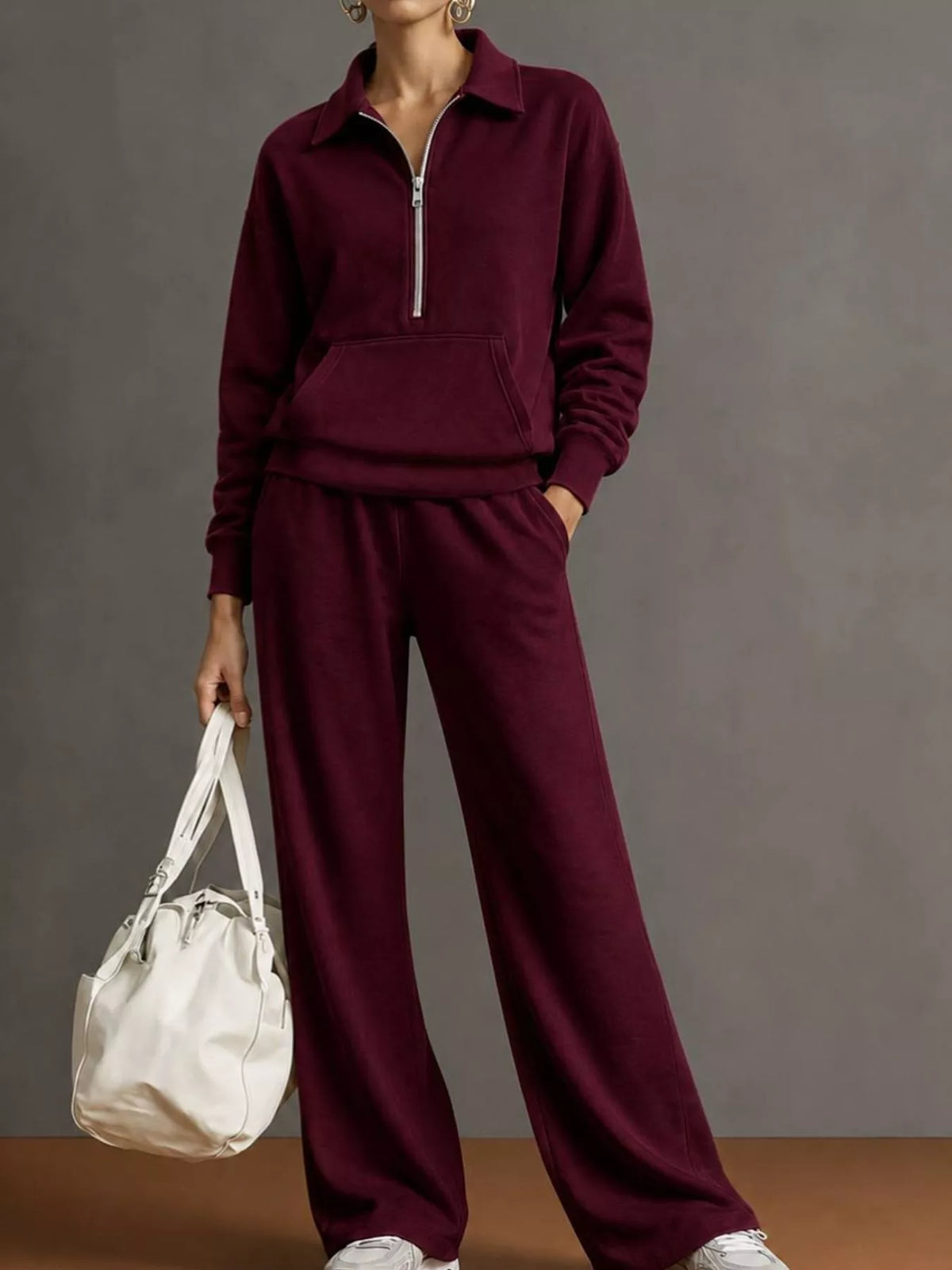 Collared long sleeve outfit set, front view on model