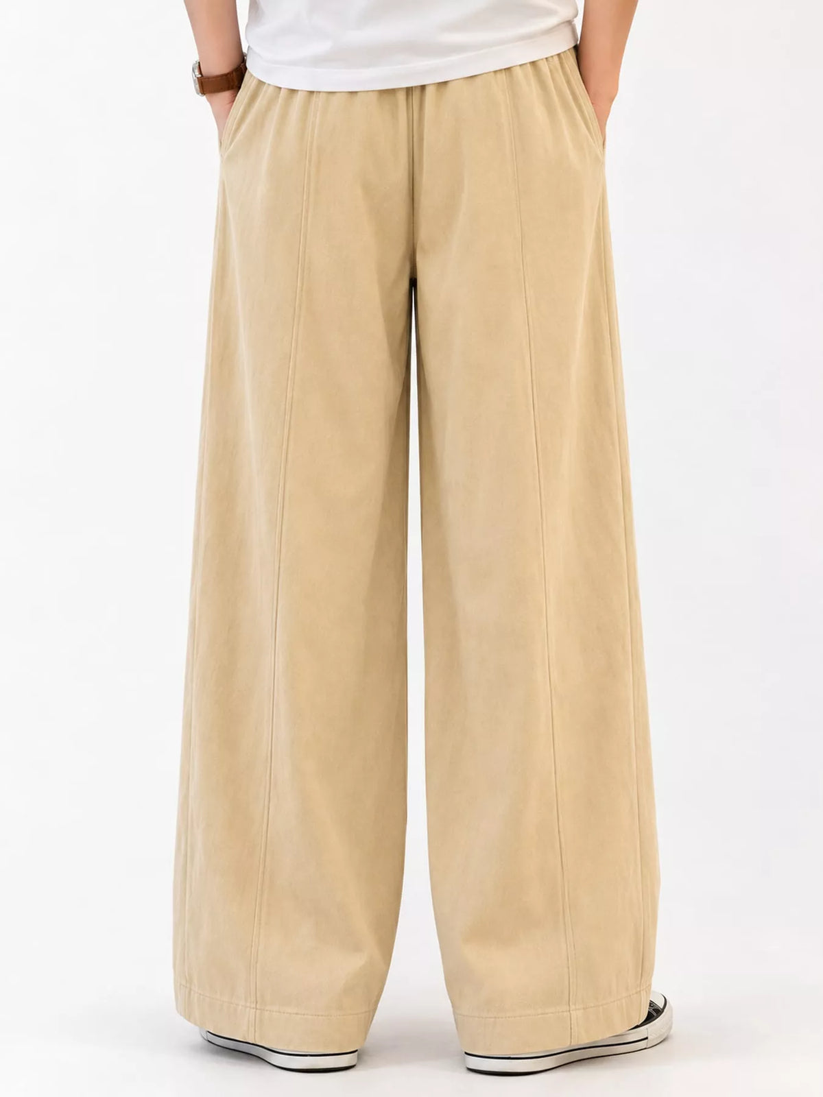 Beige wide leg casual pants, back view