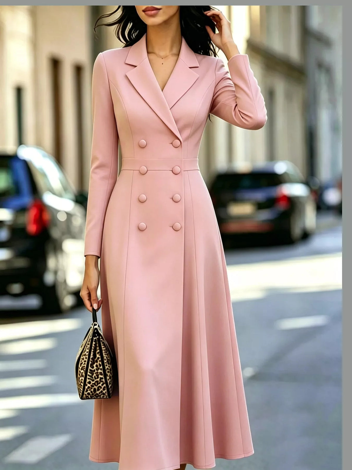 Pink double-breasted lapel collar midi dress — front view