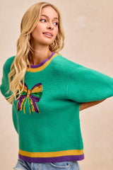 Trendsi BiBi Mardi Gras Sequin Ribbon Patched Sweater -