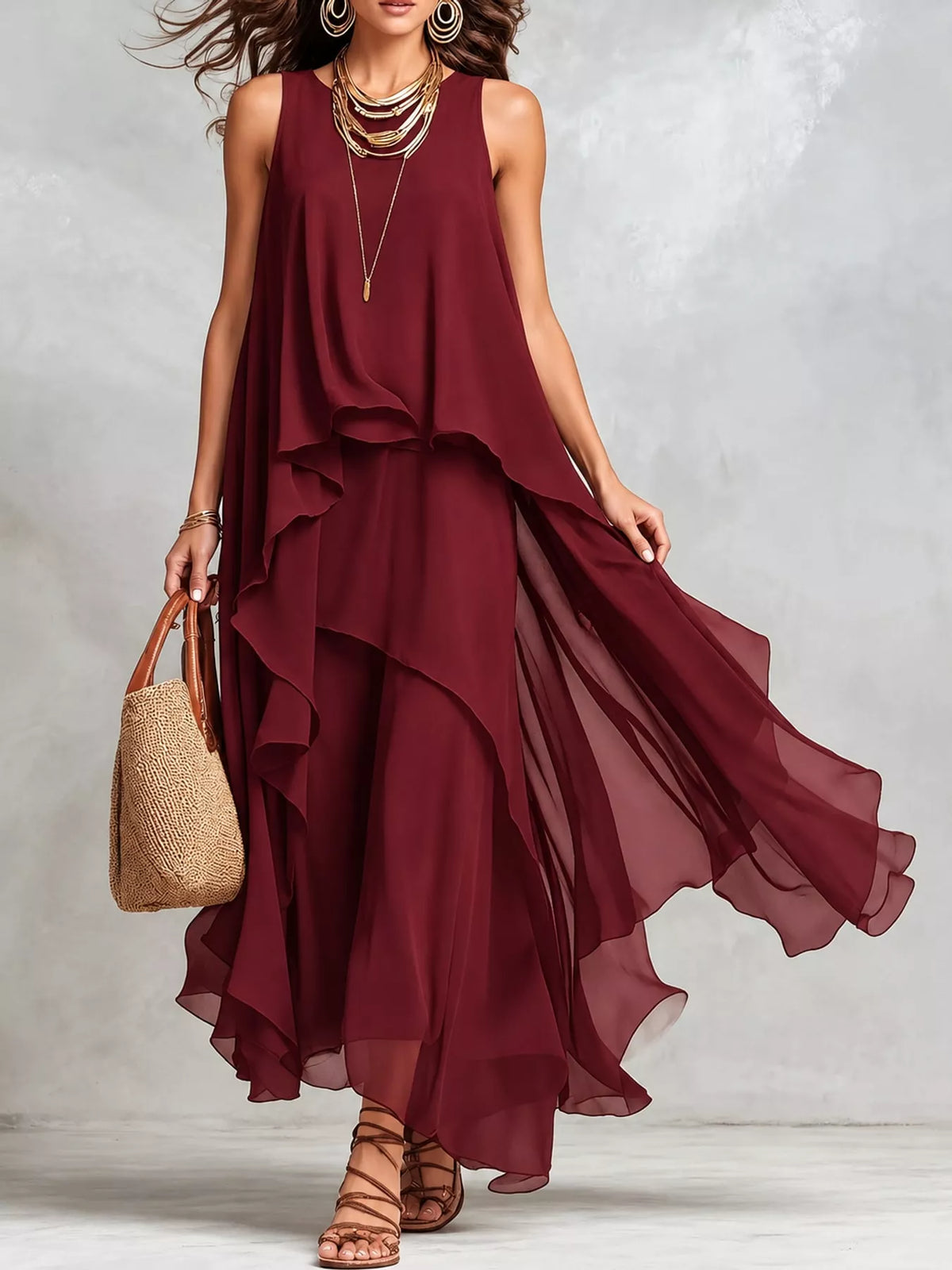 Tiered maxi dress, burgundy front
