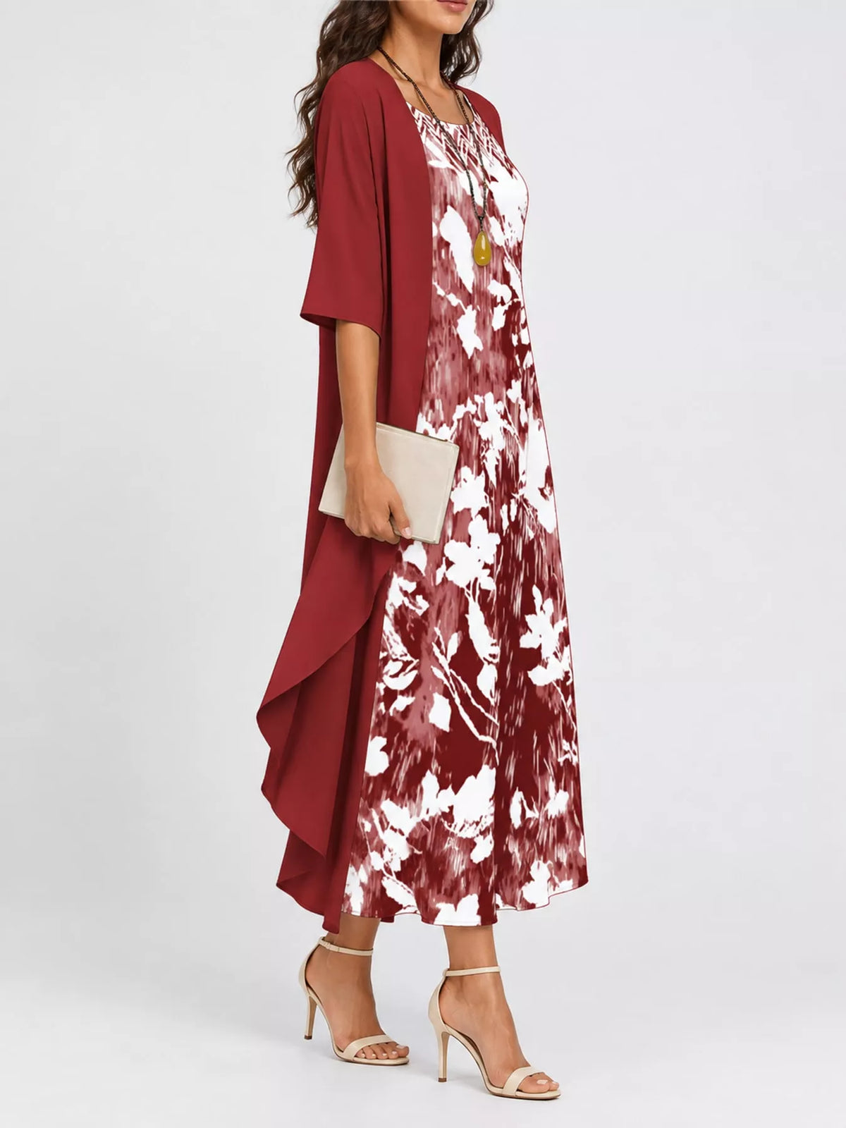 Floral dress and cardigan set, burgundy side