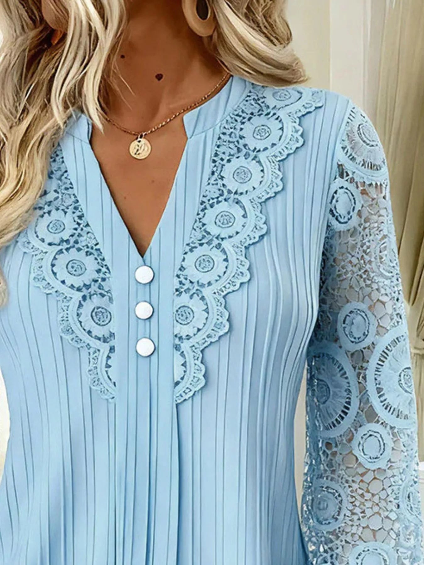 Trendsi Lace Long Sleeve Notched Blouse -