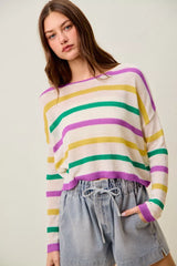 Trendsi SO ME Mardi Gras Color Stripe Lightweight Sweater Top -