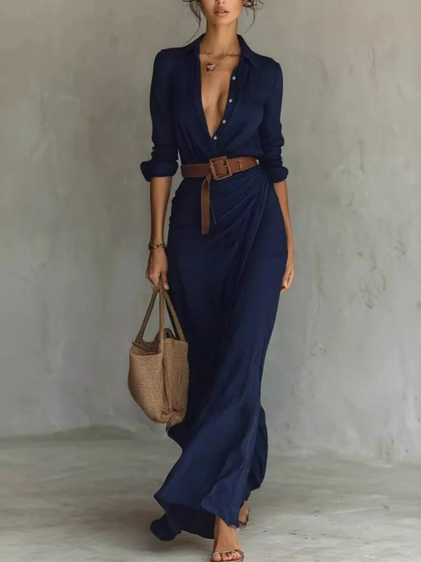 Trendsi Full Size Elegant V-Neck Ruched Maxi Dress with Belt Plus Size -