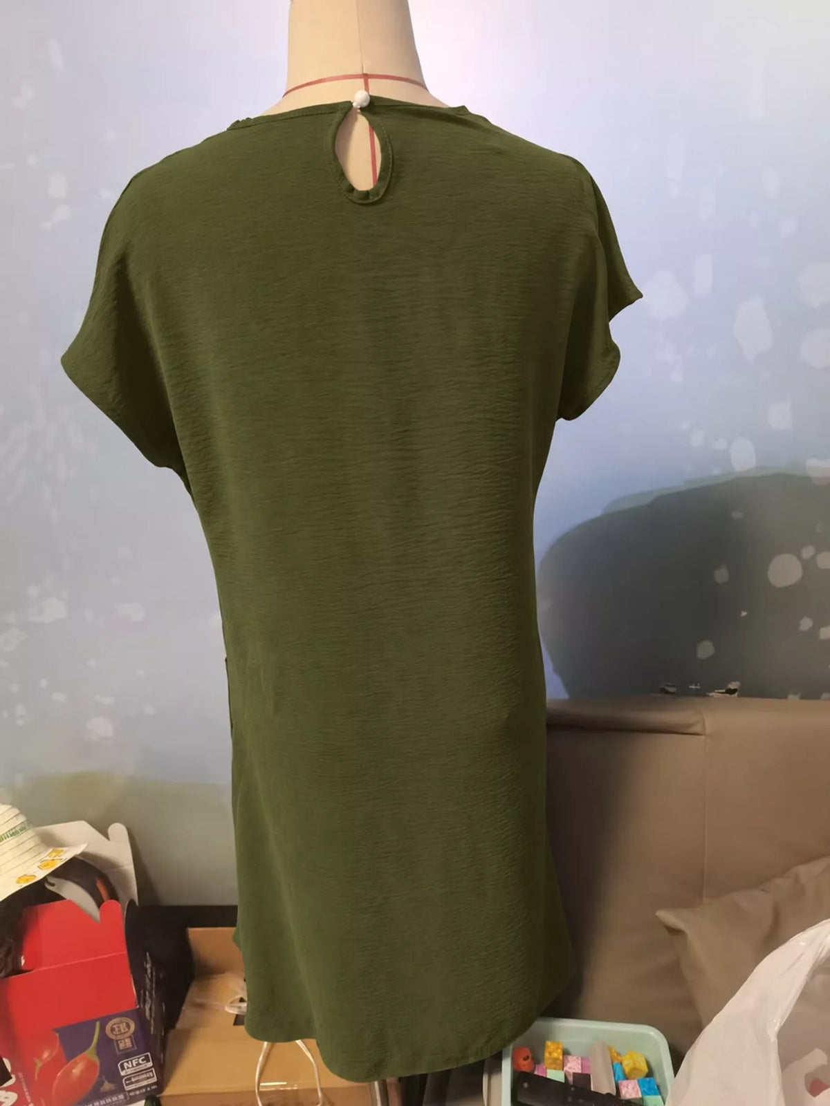 Military Green loose fit t-shirt dress with pockets, back view