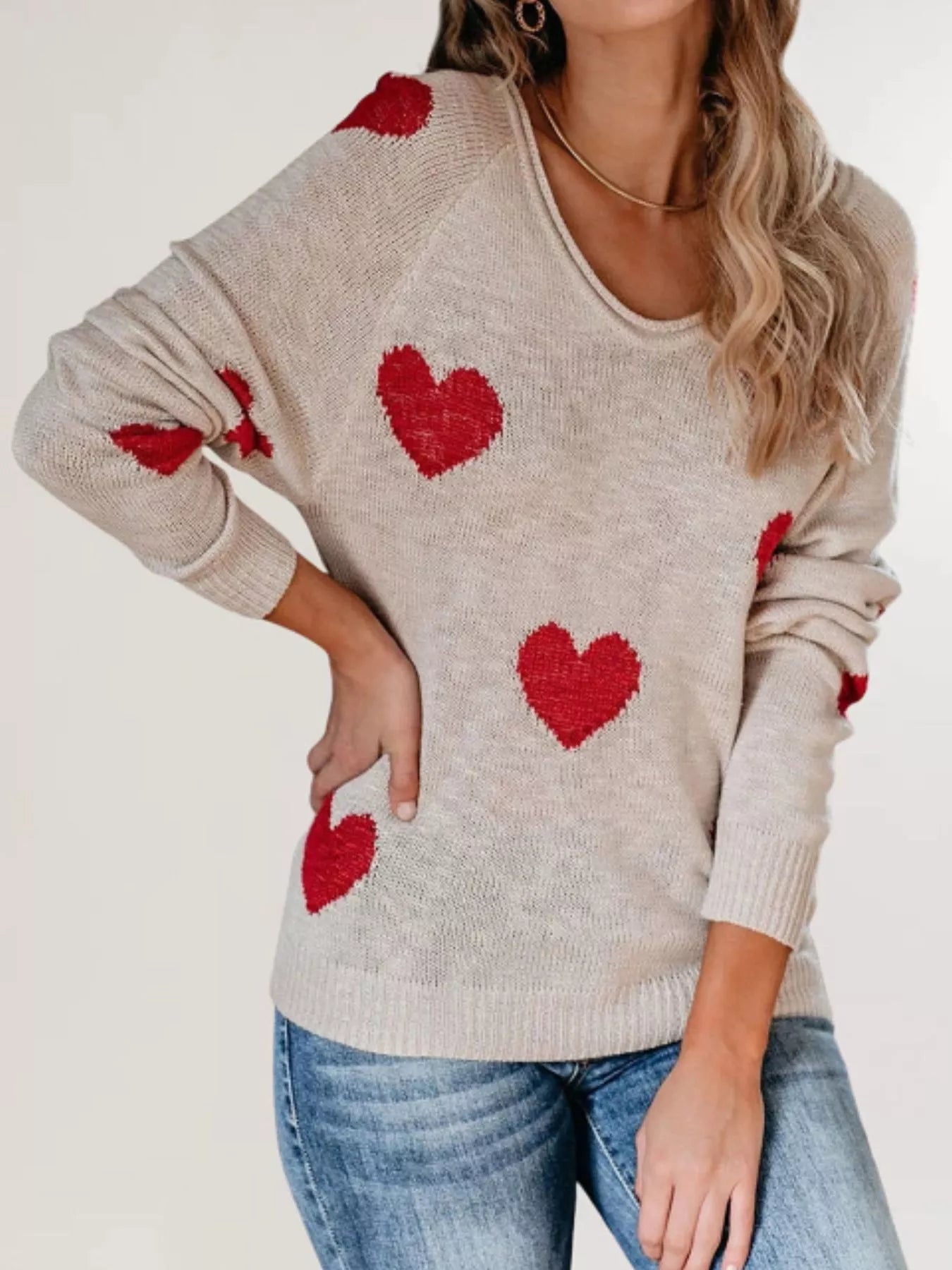 Trendsi Heart Pattern Raglan Sleeve Sweater -