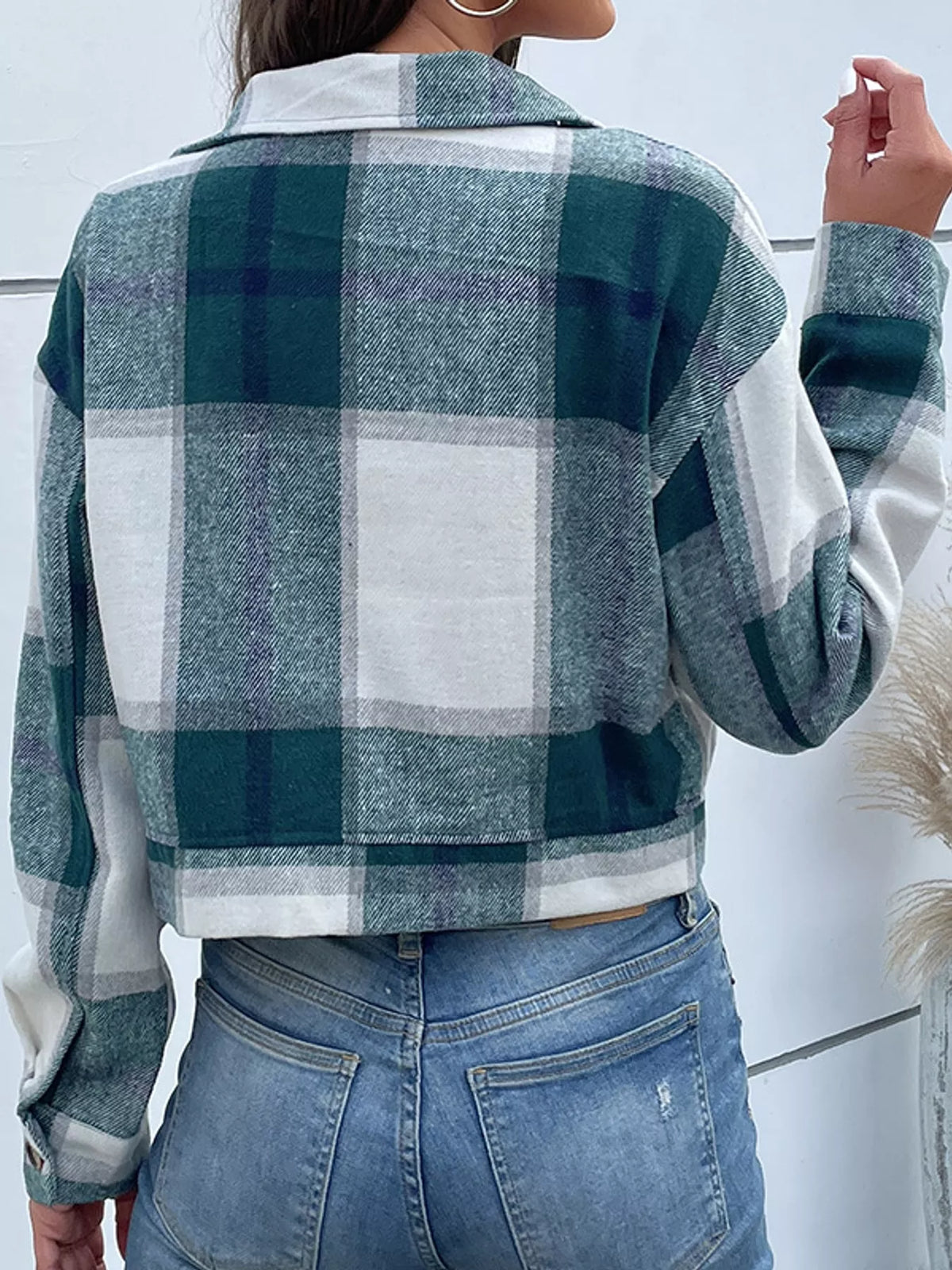 Green plaid button-up cropped jacket, back view