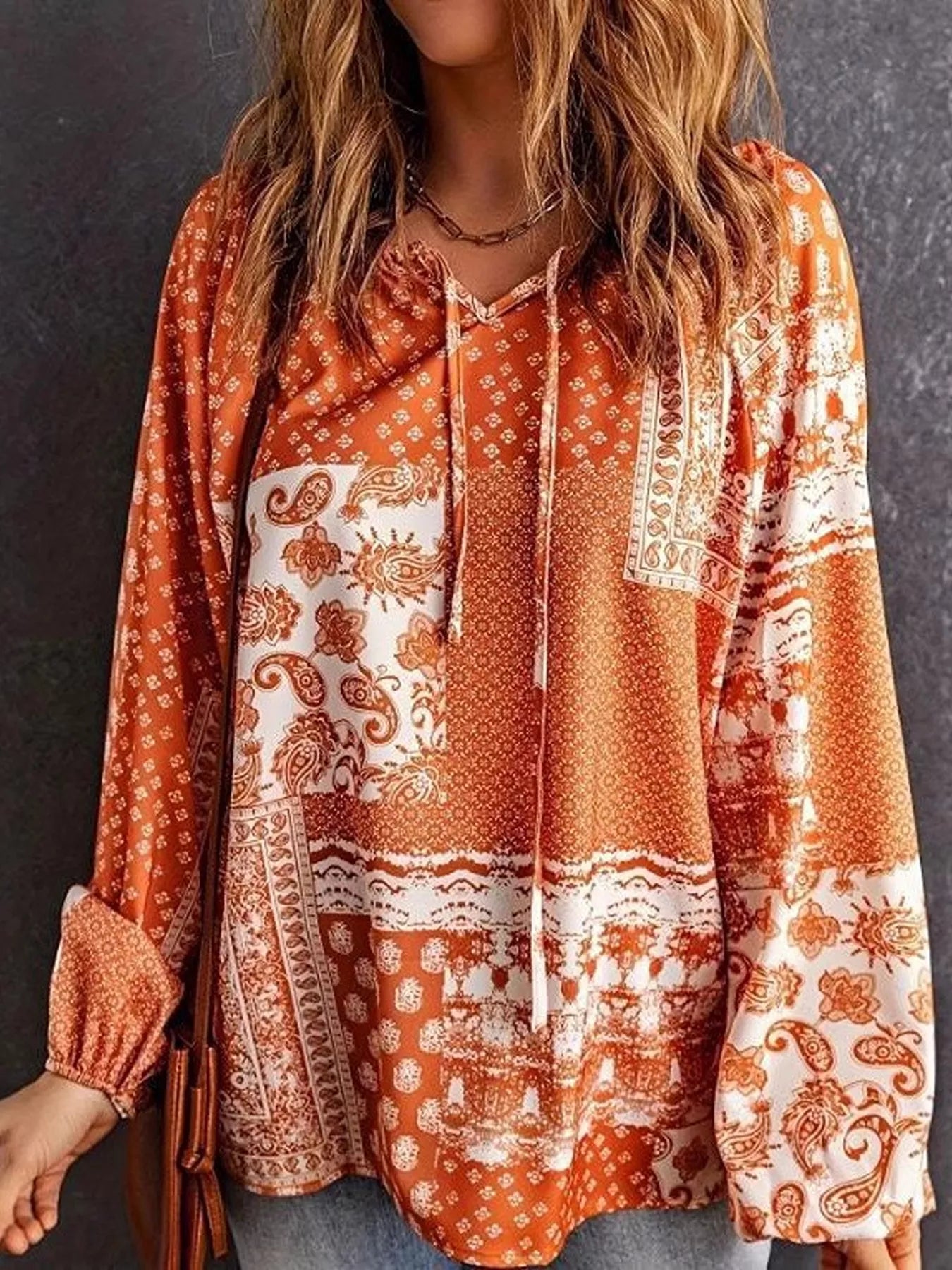 Trendsi Full Size Paisley Print Tie-Neck Long Sleeve Blouse Plus Size -