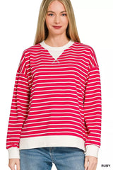 Trendsi Zenana Contrast Striped Round Neck Sweatshirt -