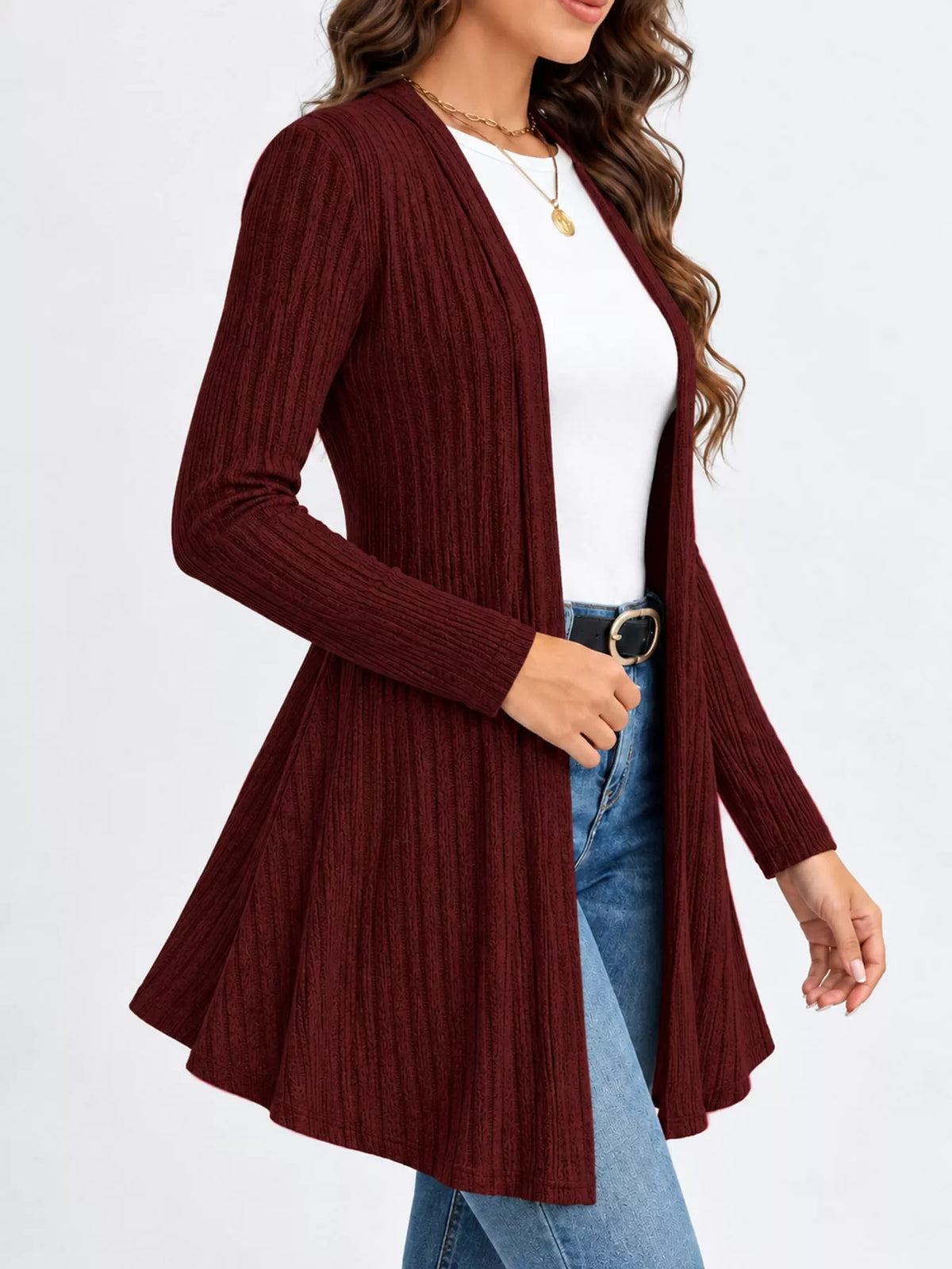 Burgundy ribbed knit open front cardigan
