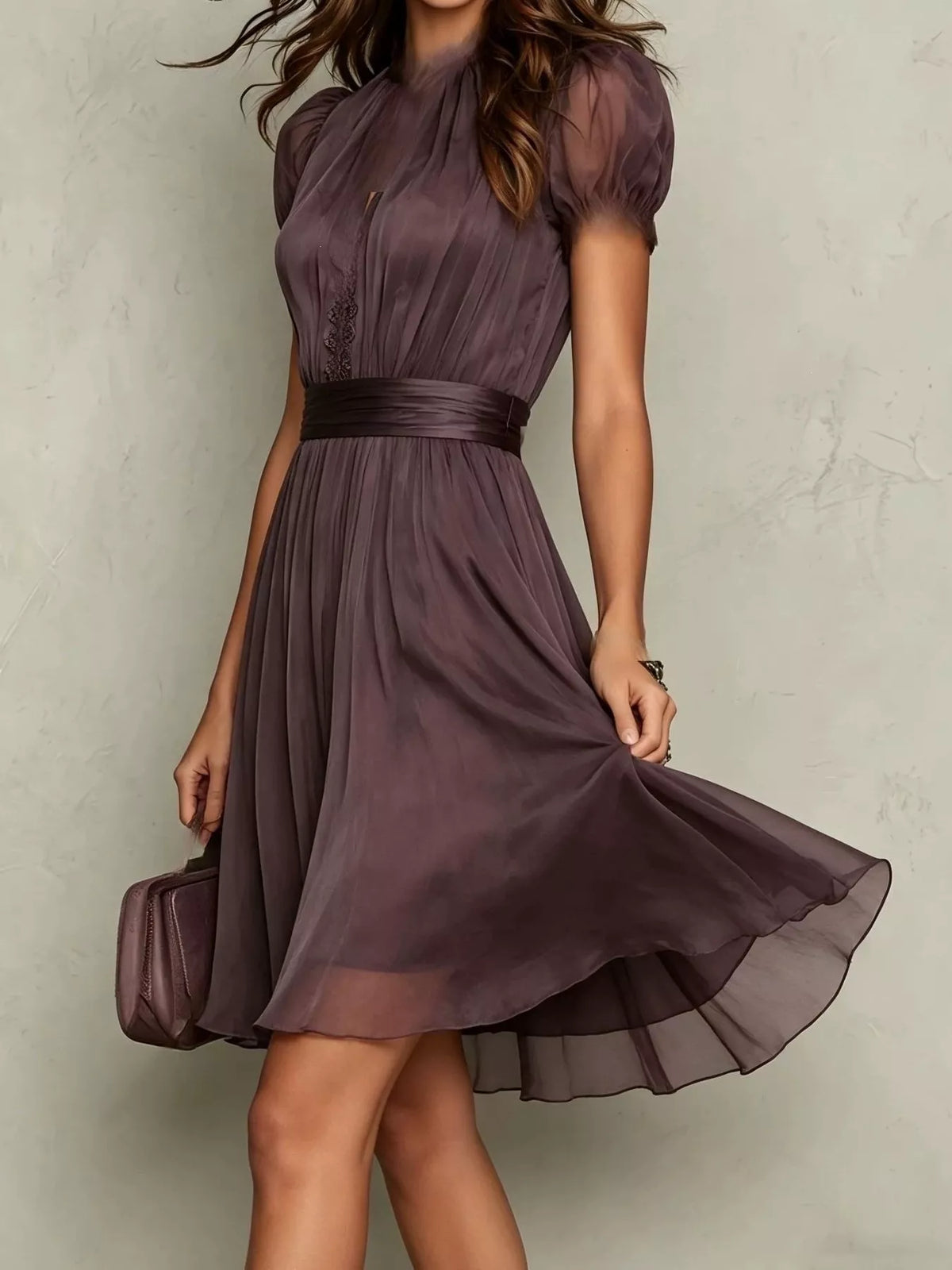 Lace-trim puff-sleeve A-line dress