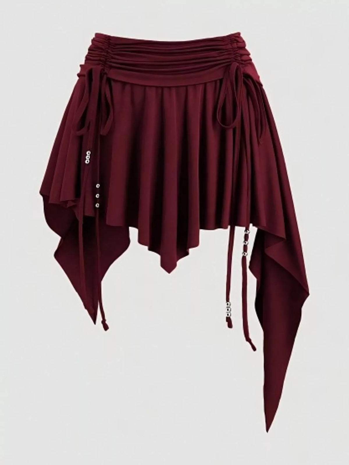Ruched Asymmetrical Drawstring Mini Skirt in burgundy