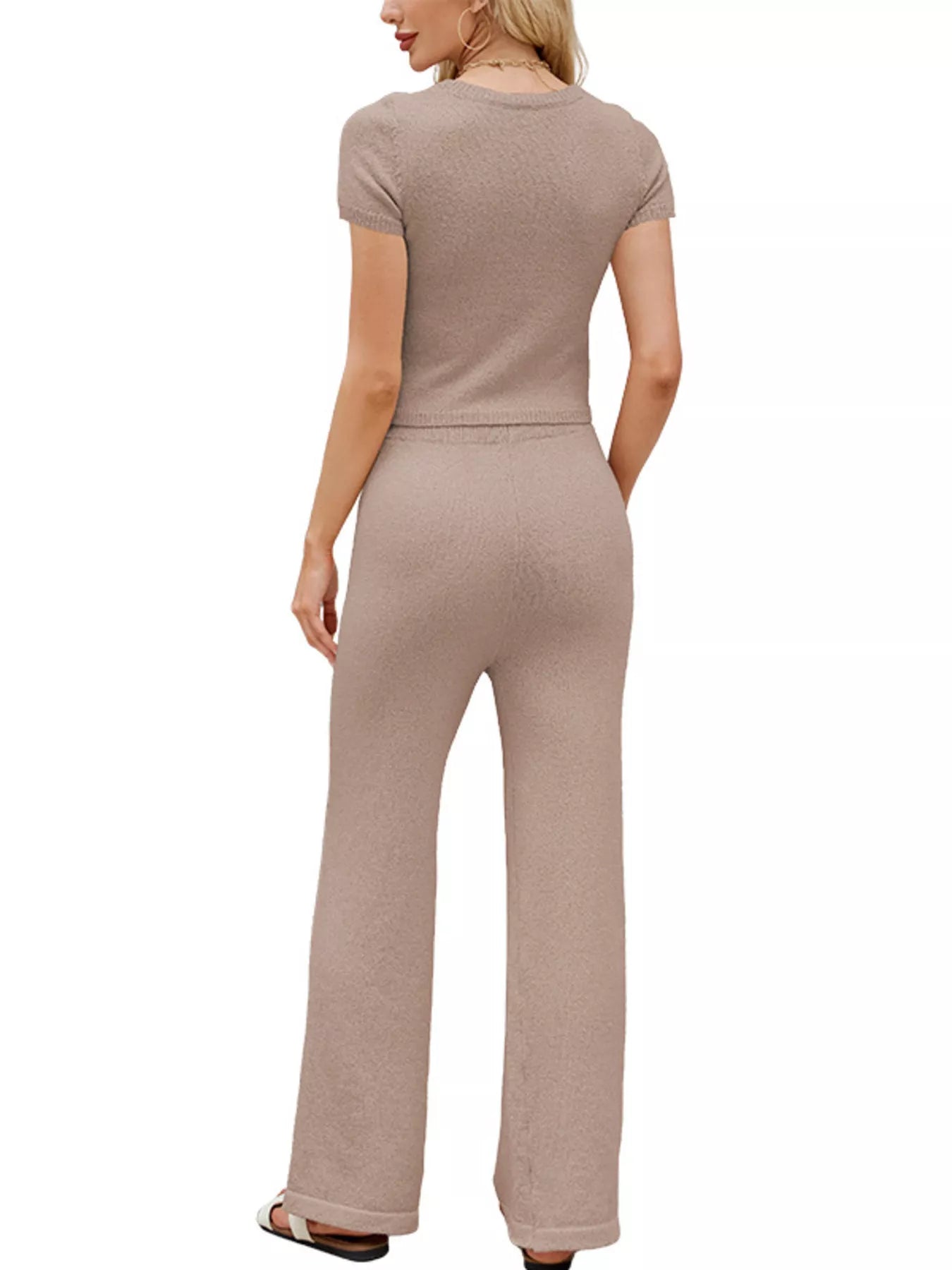 Trendsi Solid Color Knit Short Sleeve Top and Wide Leg Pants Set -