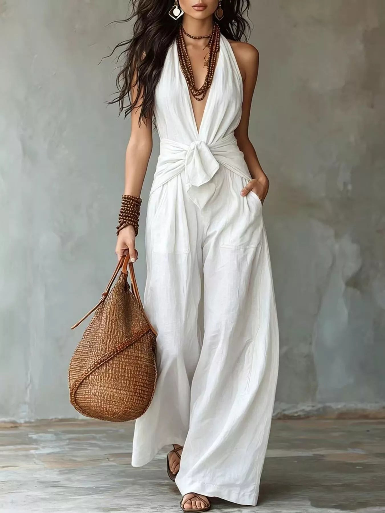 Trendsi Backless Halter Neck Wide Leg Jumpsuit -