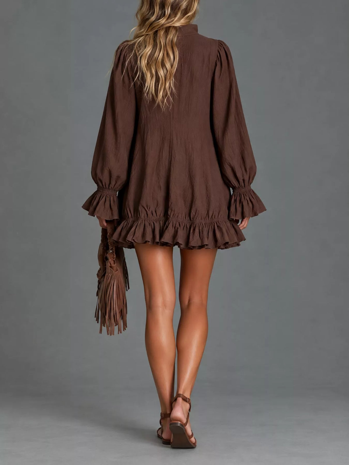 Ruffled-hem mini dress, brown back