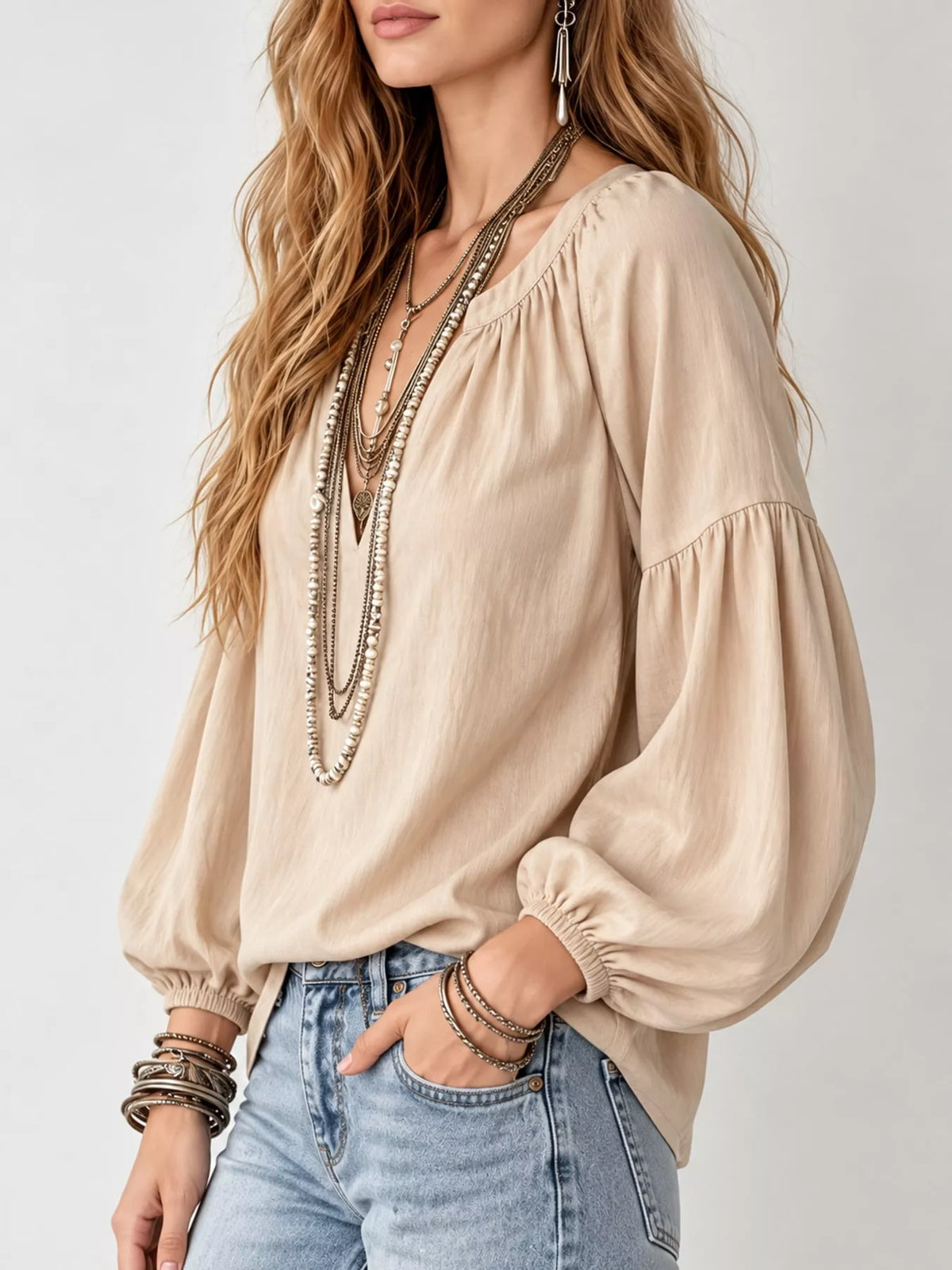 Notched Balloon Sleeve Blouse in beige, front view