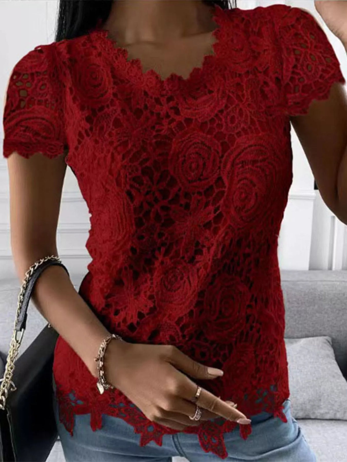 Floral Lace Short Sleeve Blouse, front view