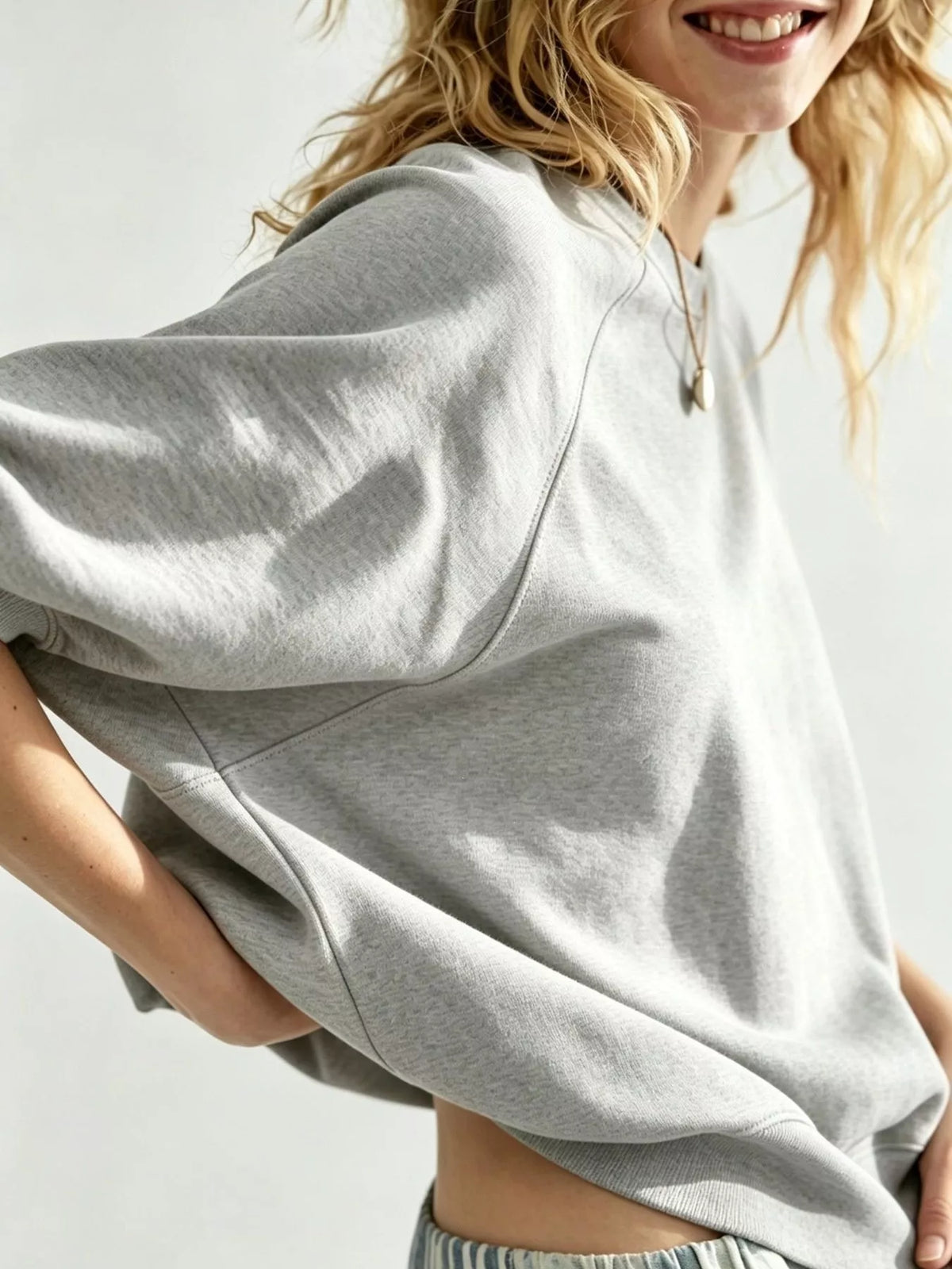 Women's Raglan Short-Sleeve Sweatshirt in gray — sleeve detail view