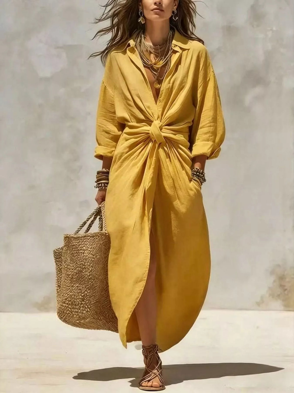 Trendsi Front-Tie Maxi Shirt Dress -