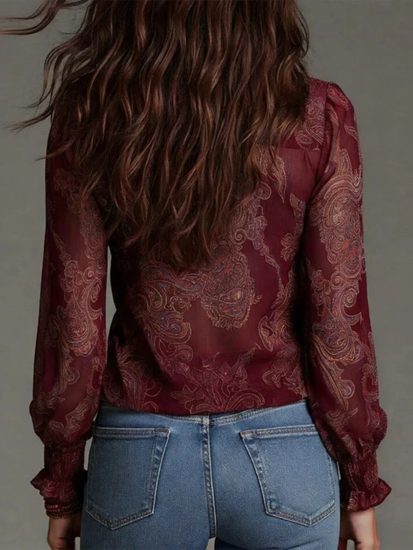 Trendsi Full Size Paisley Print Ruffle Trim Zip-Front Blouse Plus Size -