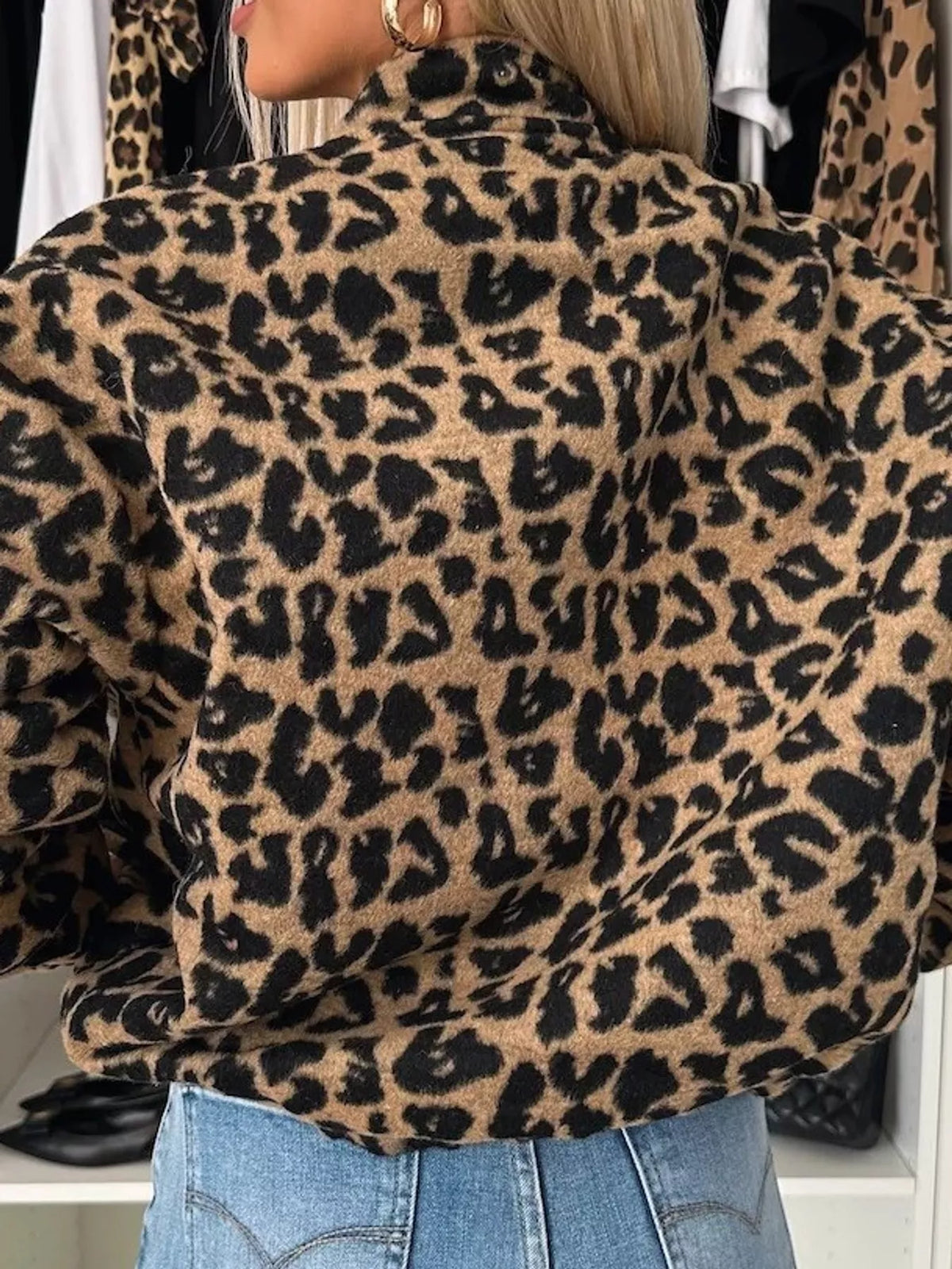 Women's Leopard Print Button-Down Jacket in tan leopard — back view