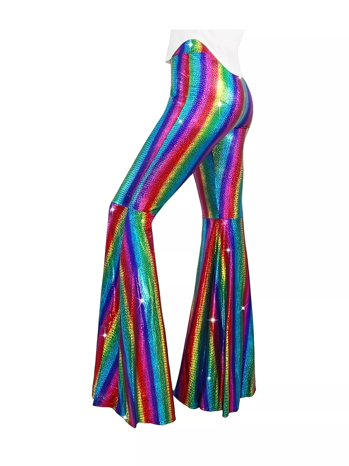Rainbow high-waisted flare pants — back view