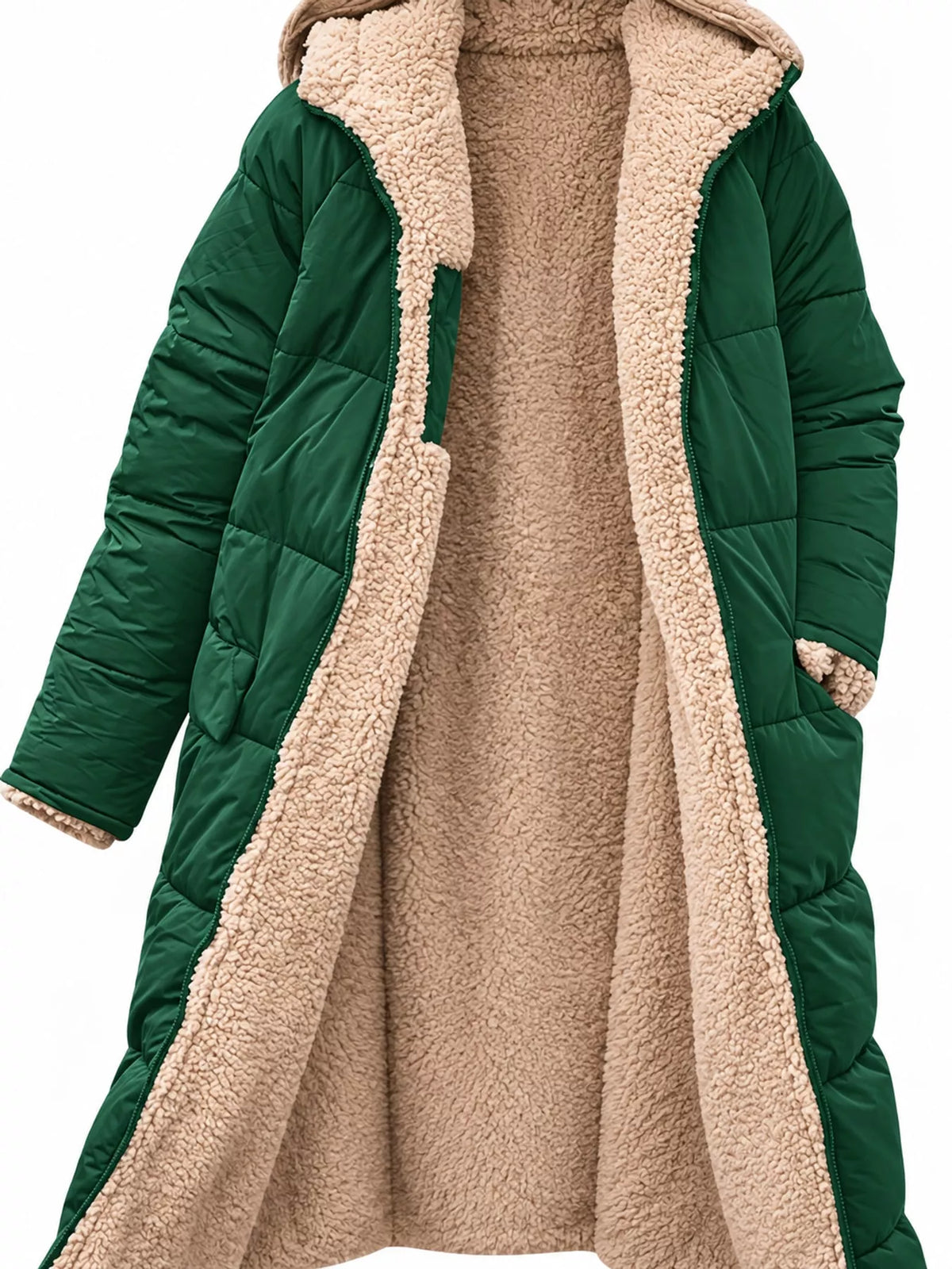 Green longline sherpa-lined hooded puffer coat, product view