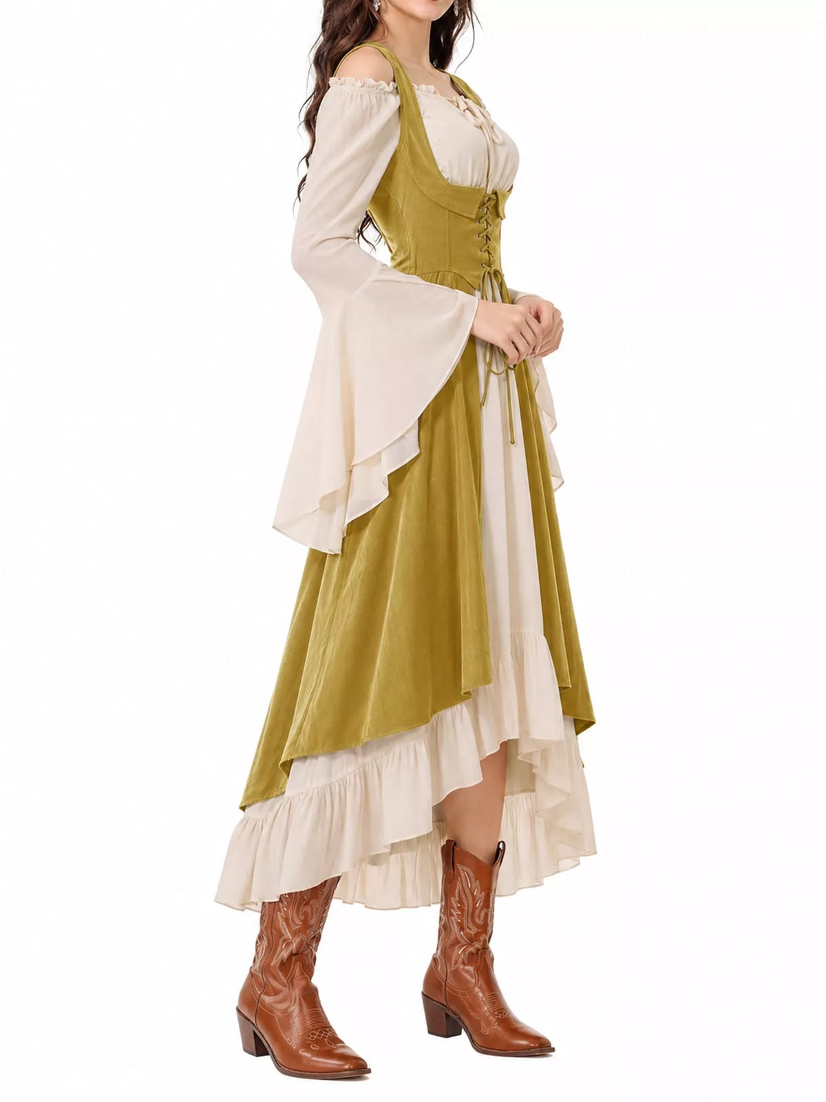 Mustard corset style lace-up bell sleeve dress — side view