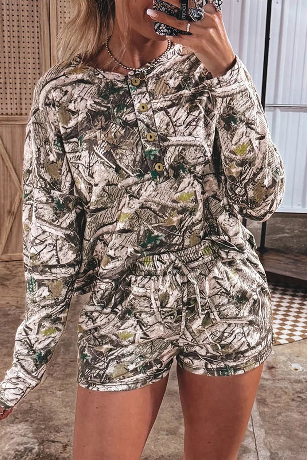 Women's camo long sleeve top and elastic-waist shorts two-piece set