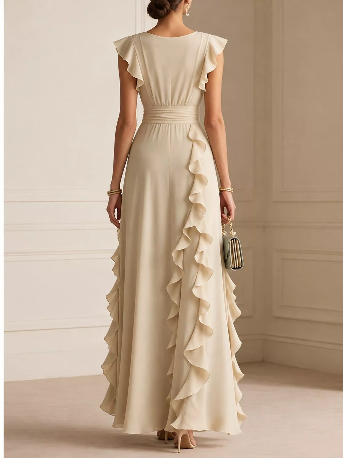 Cream ruffled surplice maxi dress, back view
