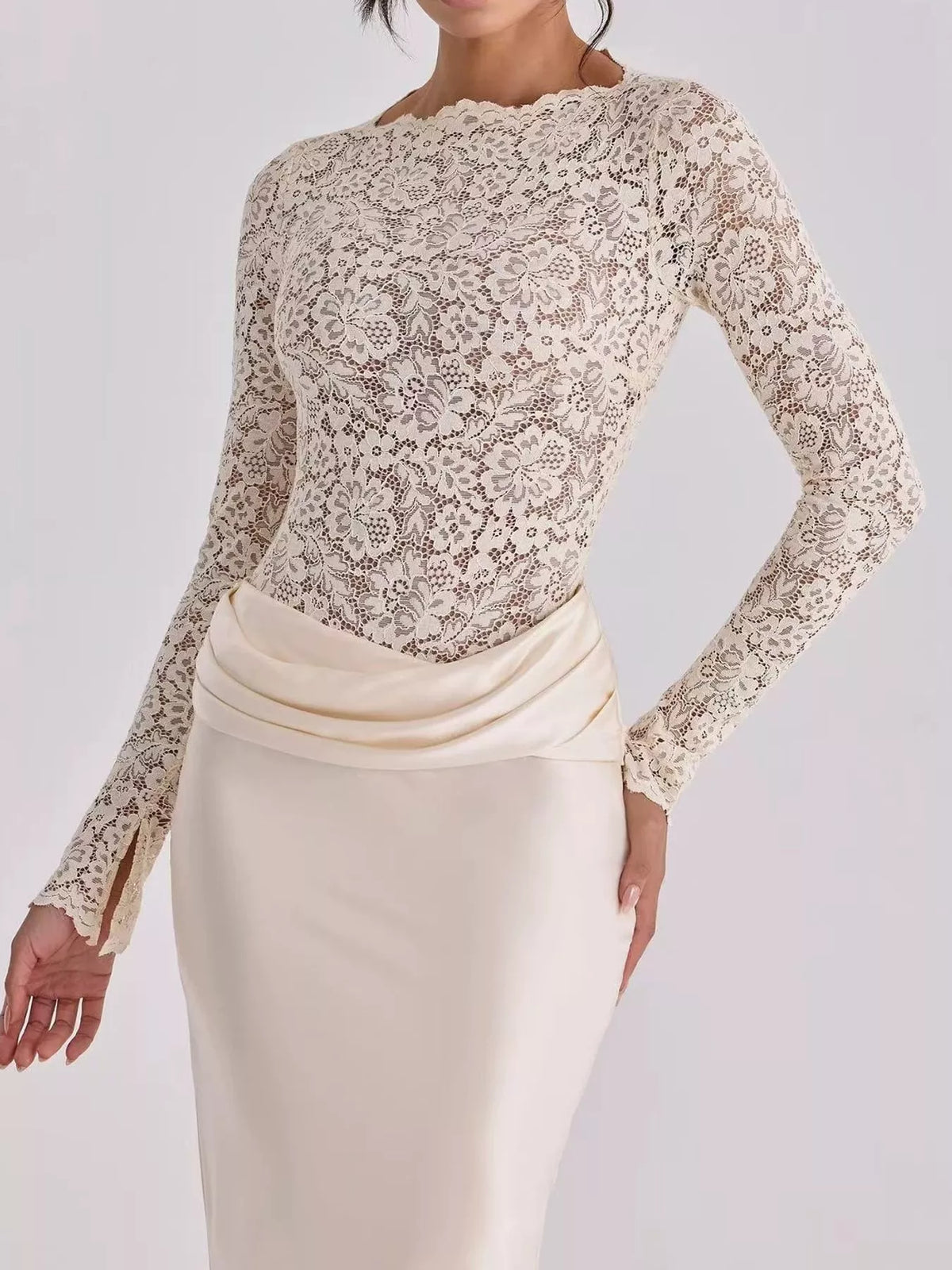 Cream lace and satin maxi dress