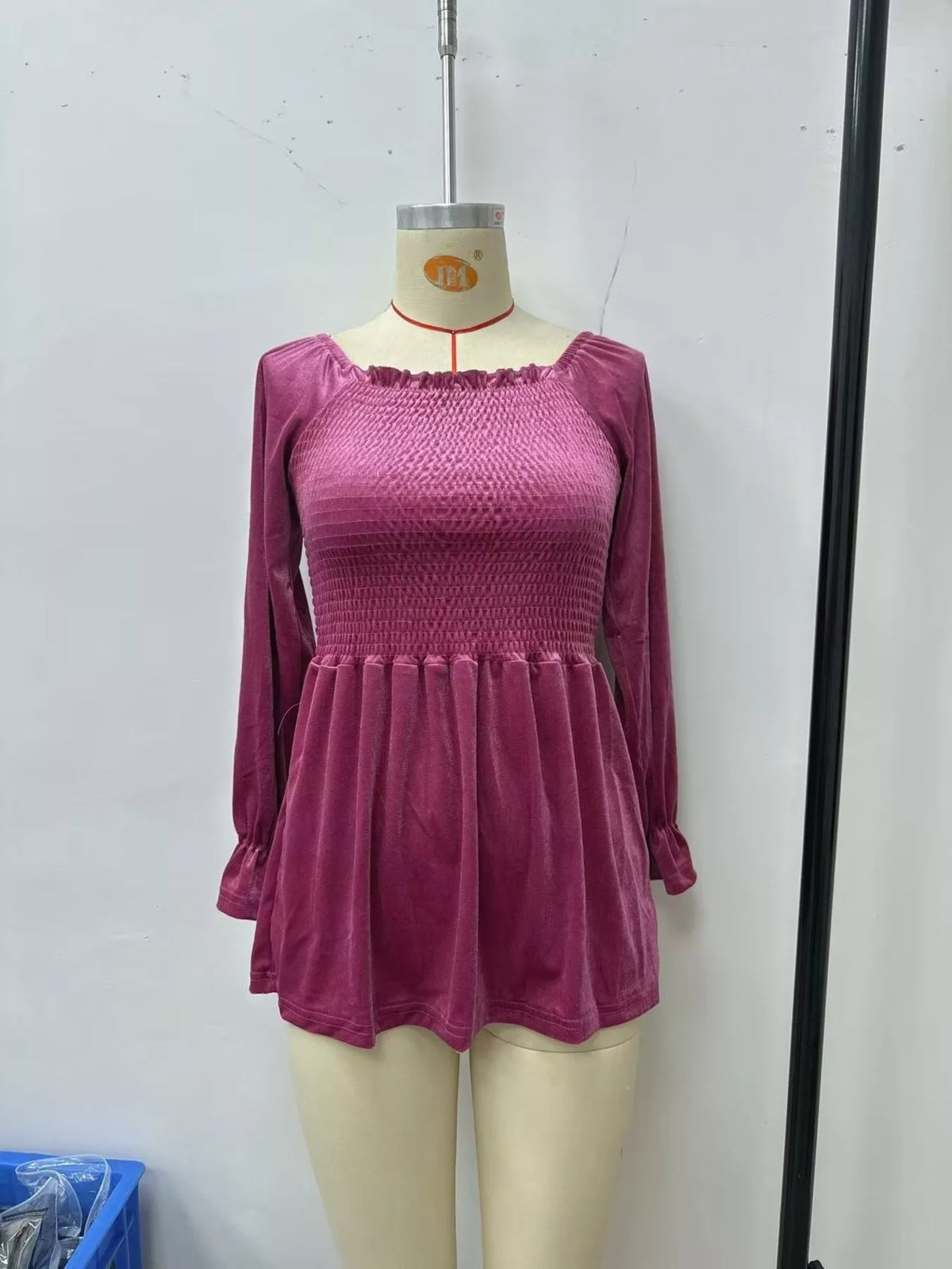 Women's Velvet Smocked Peplum Blouse in Mauve, alternate view