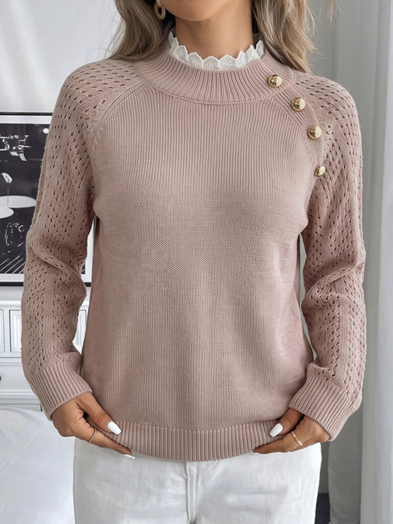 Trendsi Openwork Mock Neck Sweater -