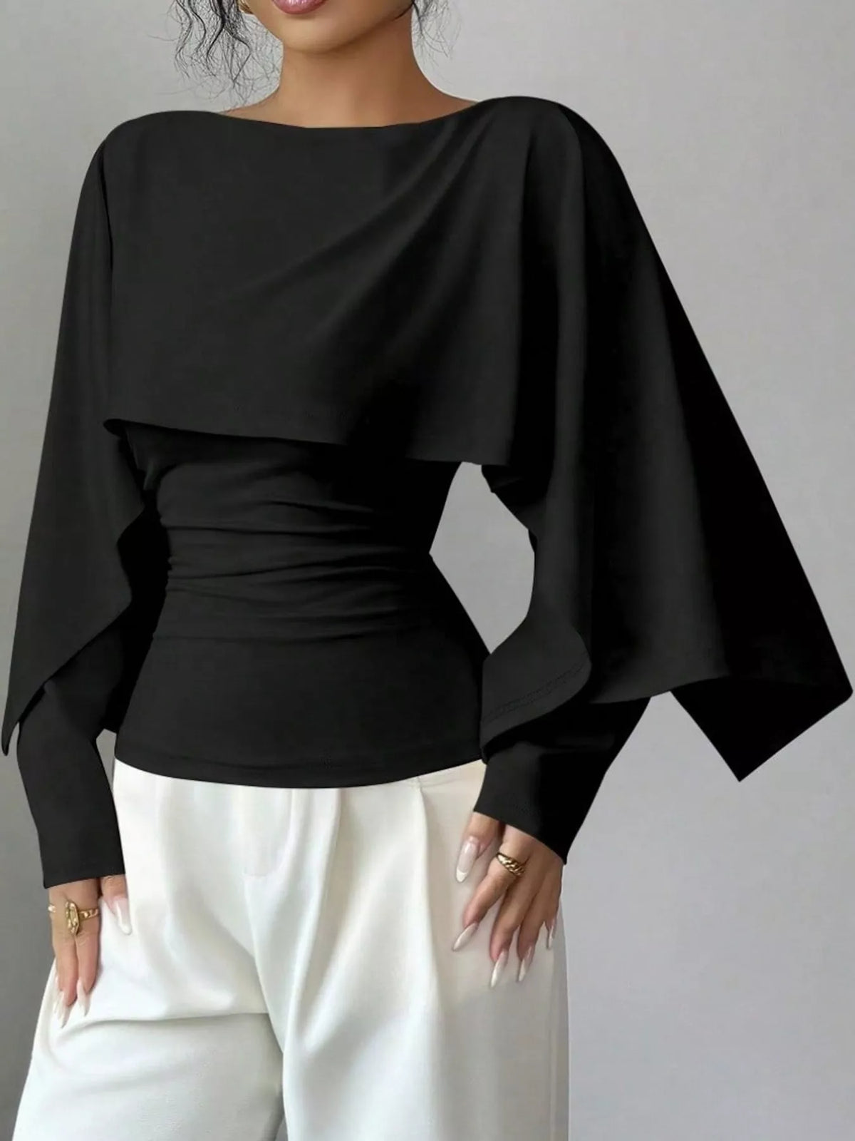 Layered Cape-Style Blouse with Slim-Fit Bodice — front view