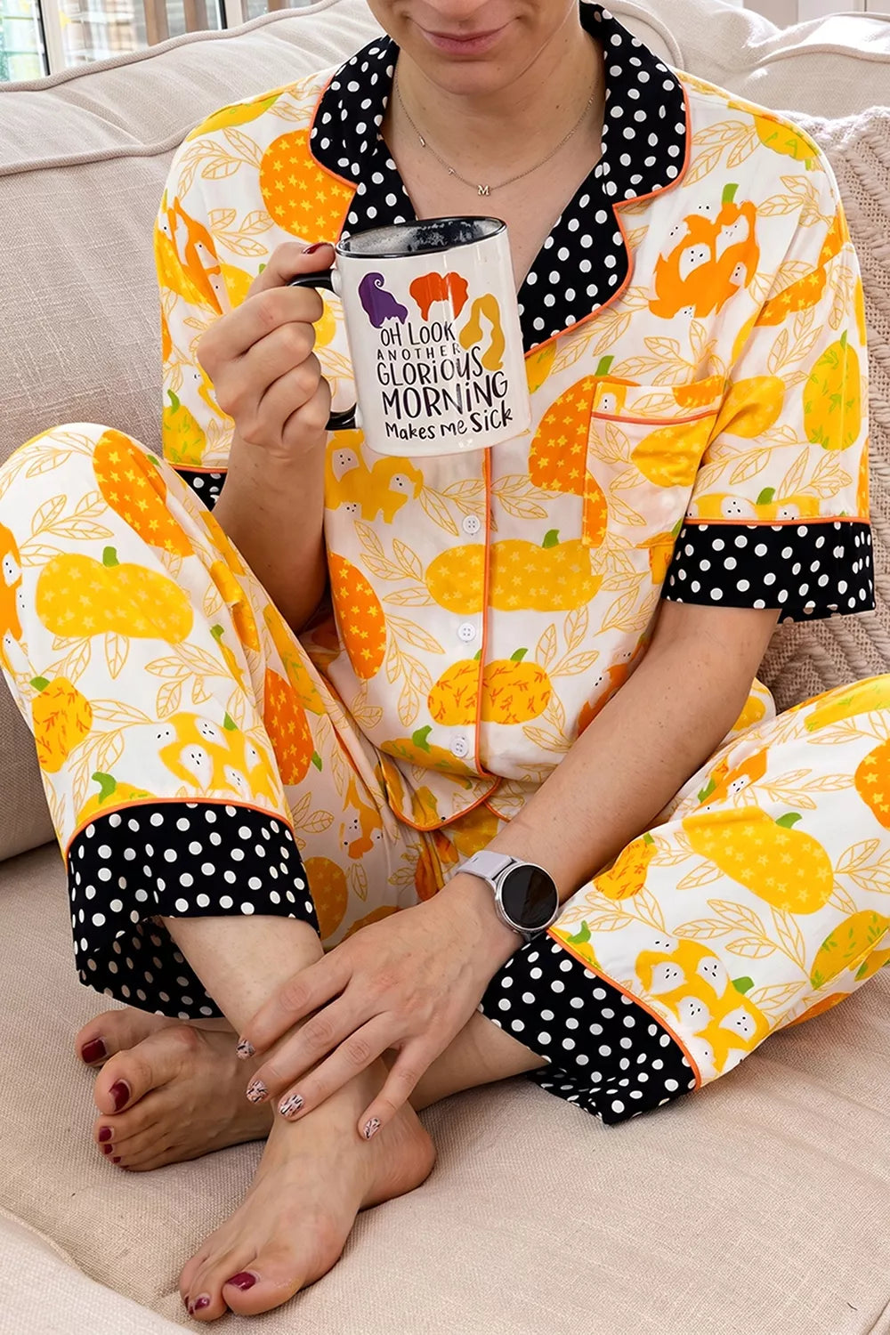 Trendsi Short Sleeve Pumpkin Print Polka Dot Trim Pocket Placket Lounge Set -